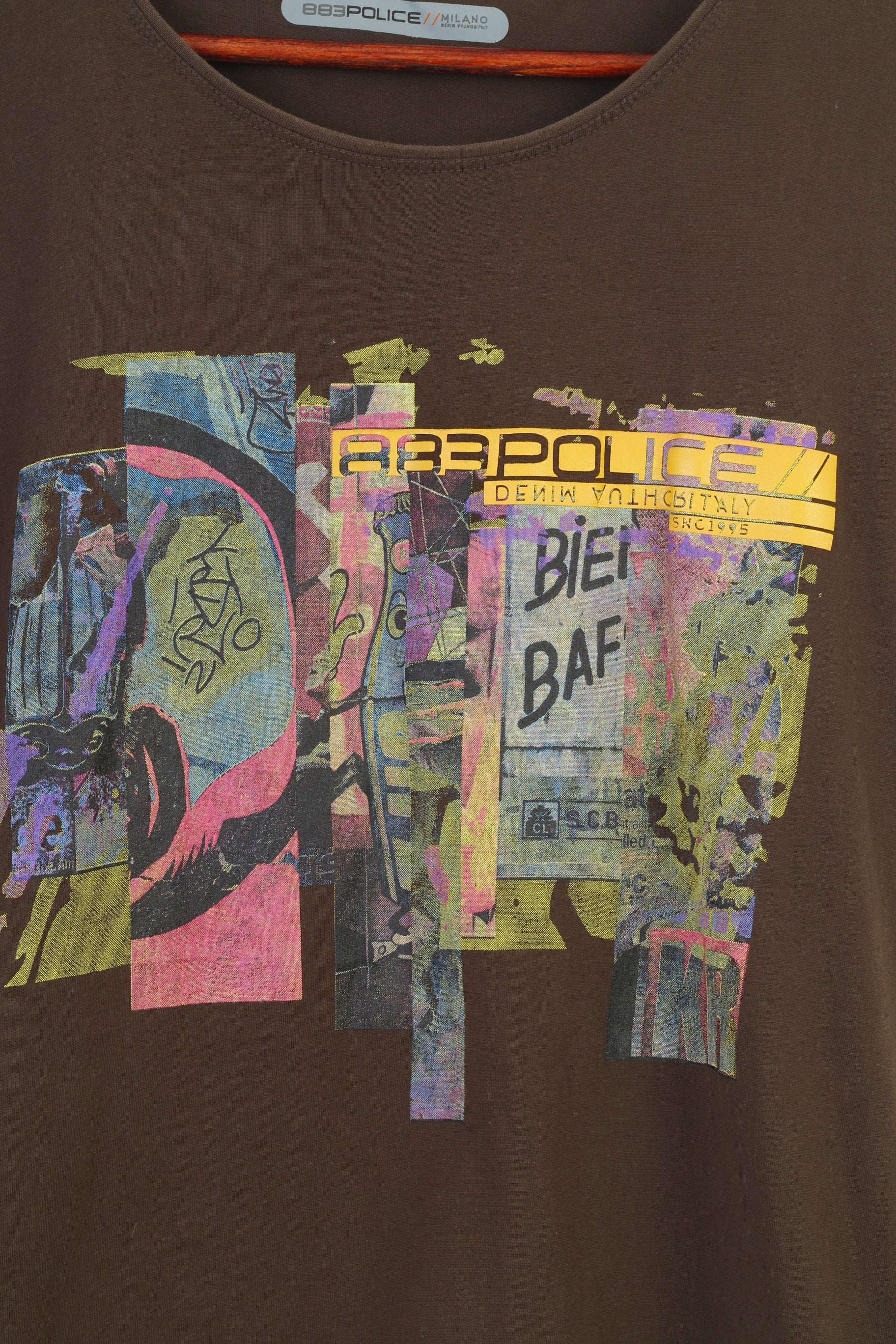 883 Police Men S T-Shirt Brown Cotton Graphic Graffiti Casual Top - Image 4