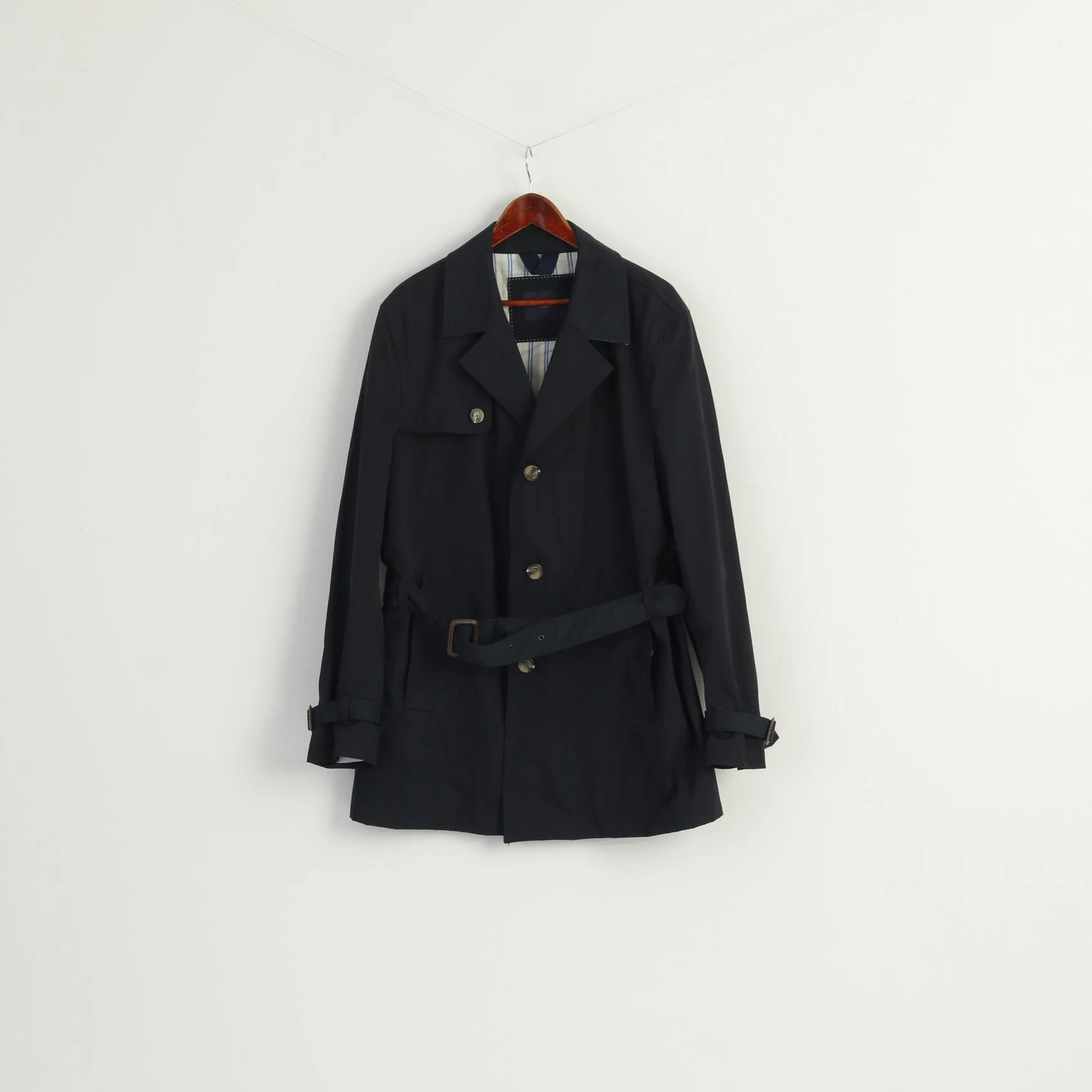 Tommy Hilfiger Tailored Men 54 L Coat Navy Shiny Belted Buttoned Casual Top - Image 2