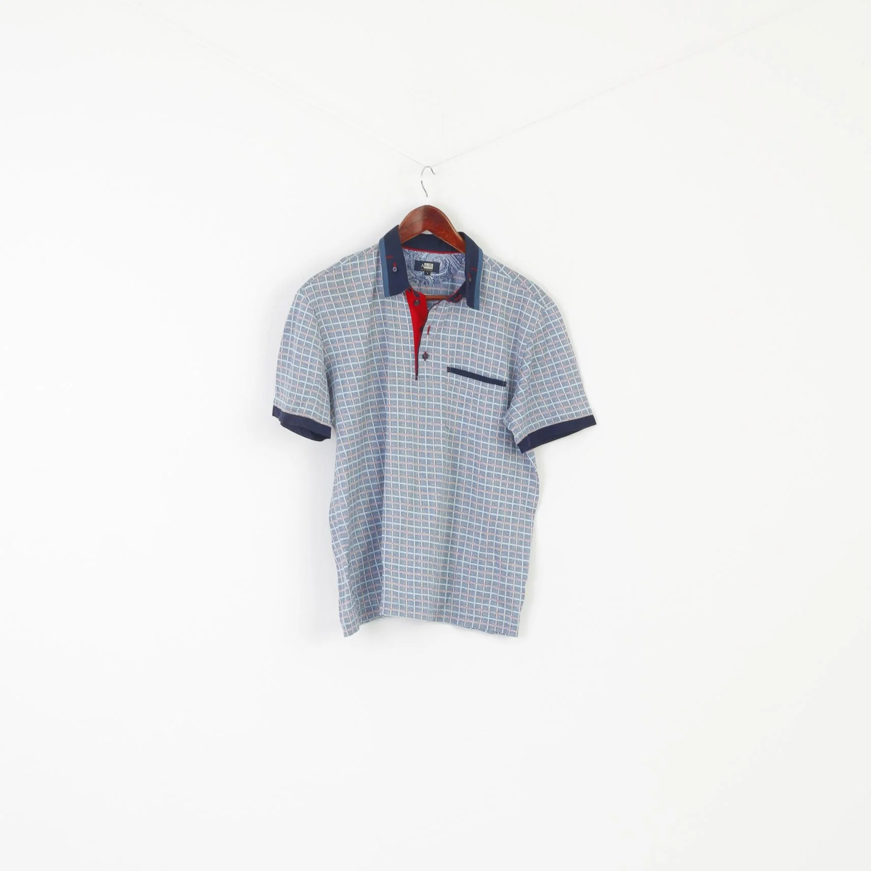 Adelly Men L Polo Shirt Blue Cotton Check Pocket Detailed Buttons Classic Top