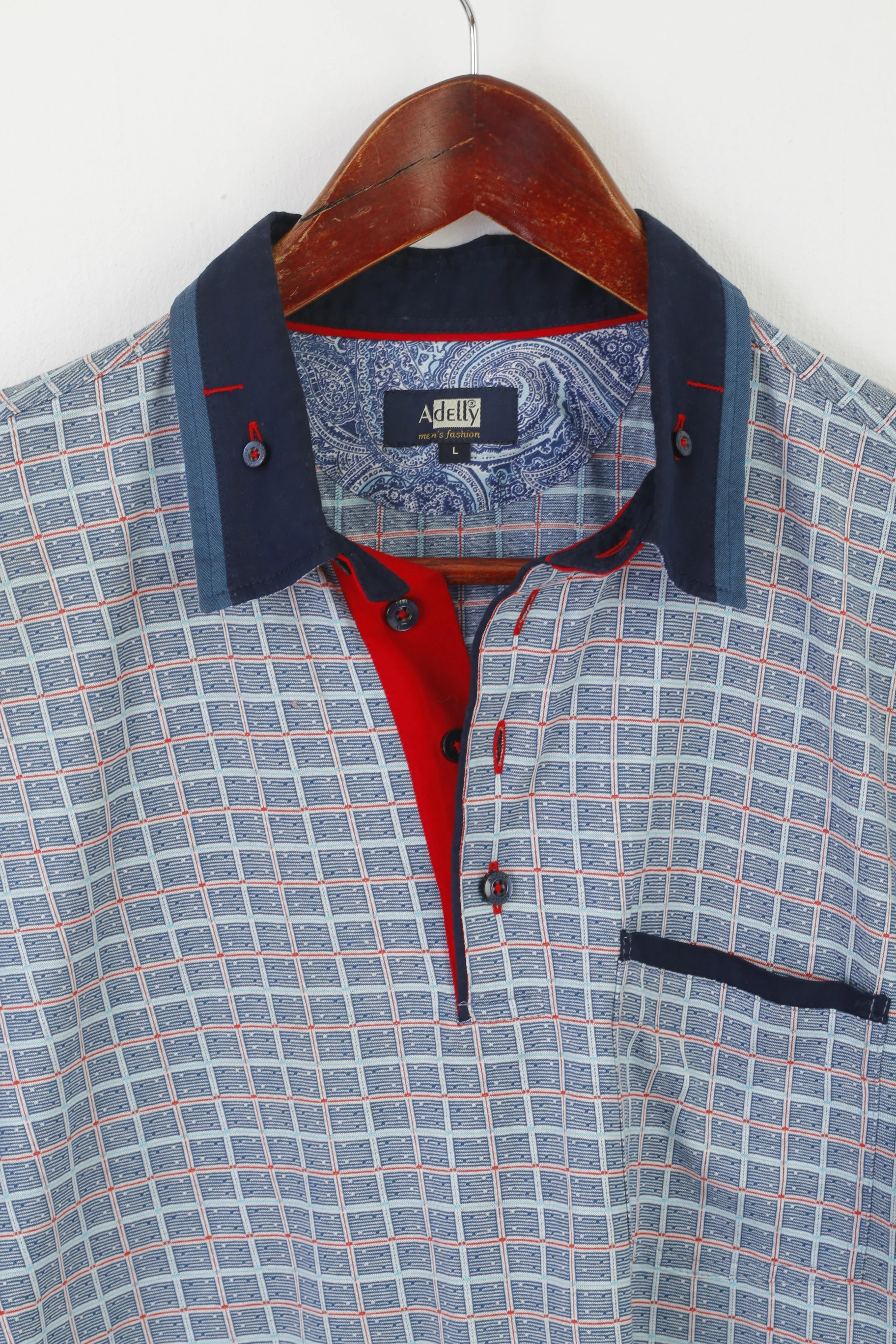 Adelly Men L Polo Shirt Blue Cotton Check Pocket Detailed Buttons Classic Top - Image 2