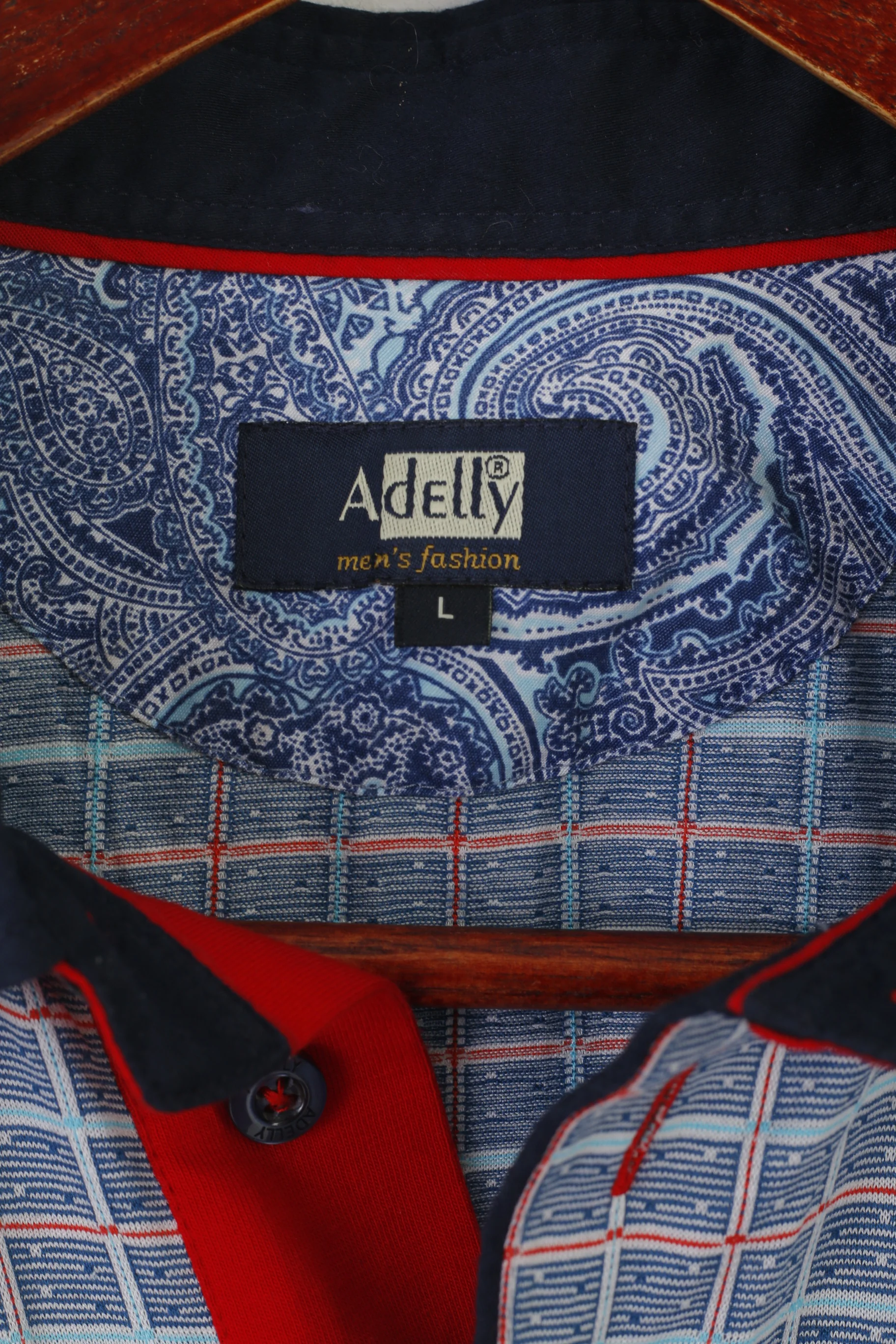 Adelly Men L Polo Shirt Blue Cotton Check Pocket Detailed Buttons Classic Top - Image 3