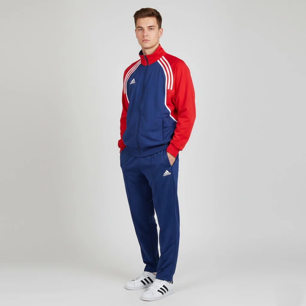 Adidas Men 174 M Sweatshirt Navy Red Vintage 01 Full Zip Shiny Oldschool Track Top