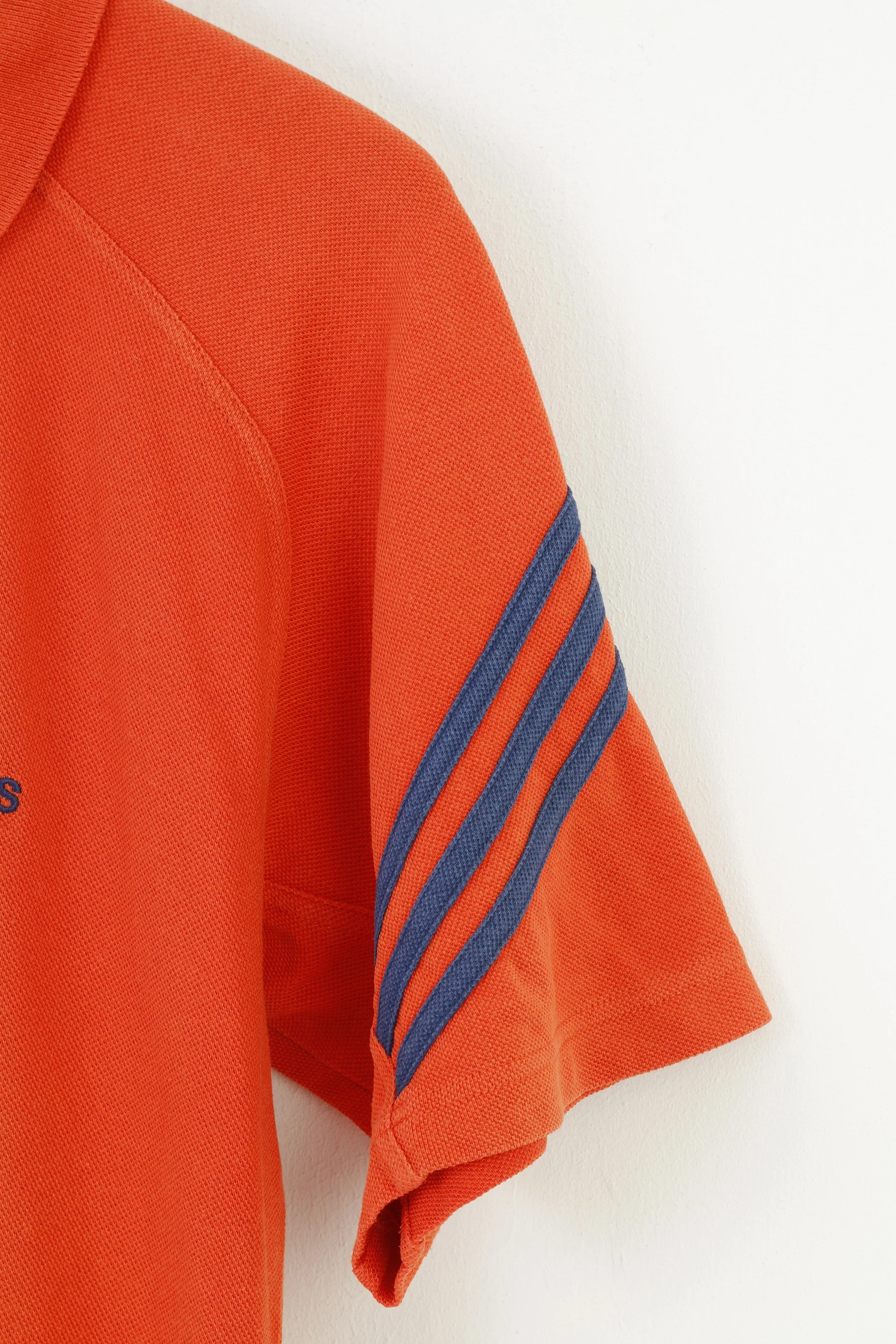 Adidas Men 40 L Polo Shirt Orange Short Sleeve Cotton 3 Stripes Vintage Top - Image 3