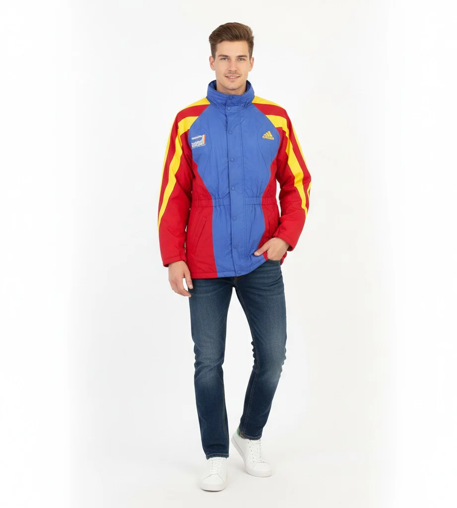 Adidas Men 186 L Jacket Blue Vintage Parka Full Zipper Hidden Hood Nylon 90s Top