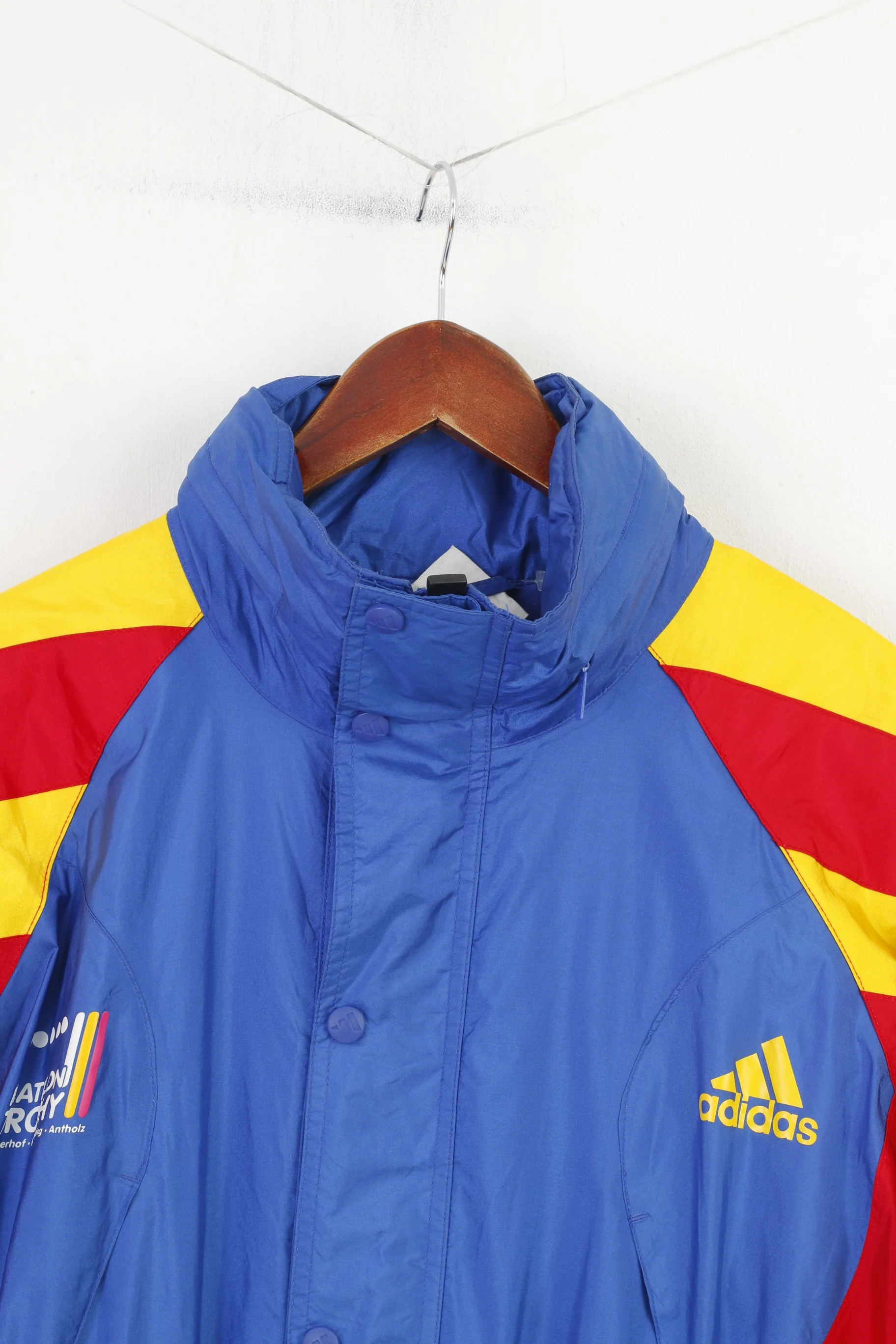 Adidas Men 186 L Jacket Blue Vintage Parka Full Zipper Hidden Hood Nylon 90s Top - Image 3