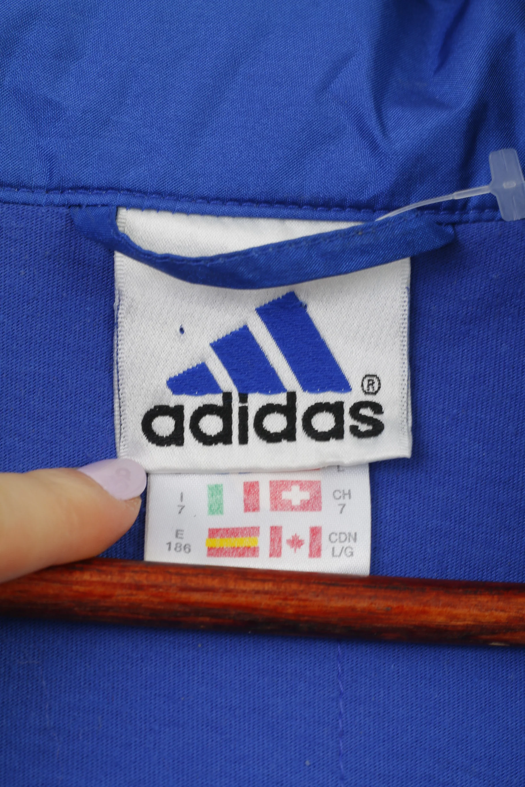 Adidas Men 186 L Jacket Blue Vintage Parka Full Zipper Hidden Hood Nylon 90s Top - Image 7