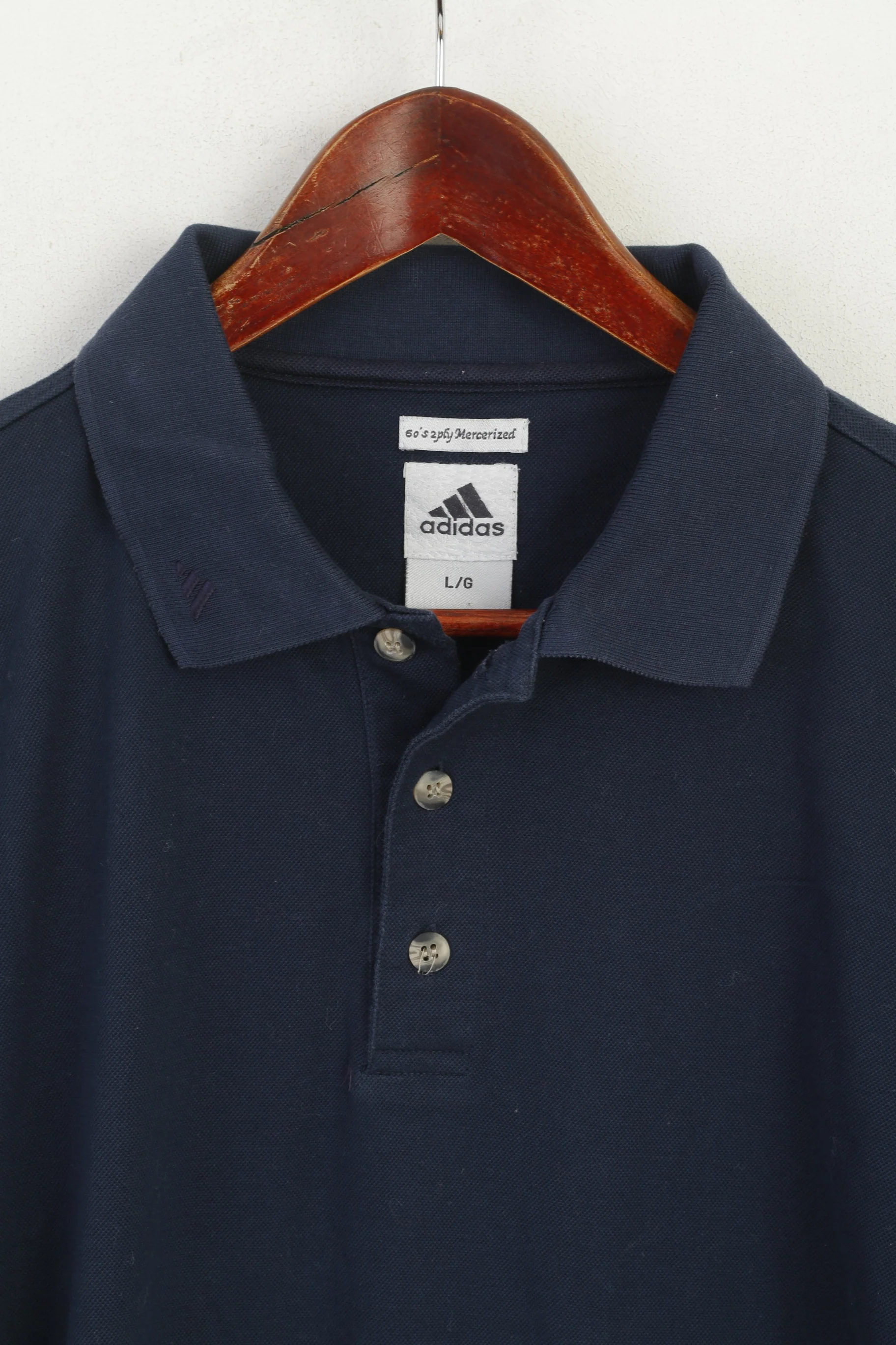 Adidas Men L Polo Shirt Navy Cotton 60'w 2 Ply Mercerized Classic Plain Retro Top - Image 2