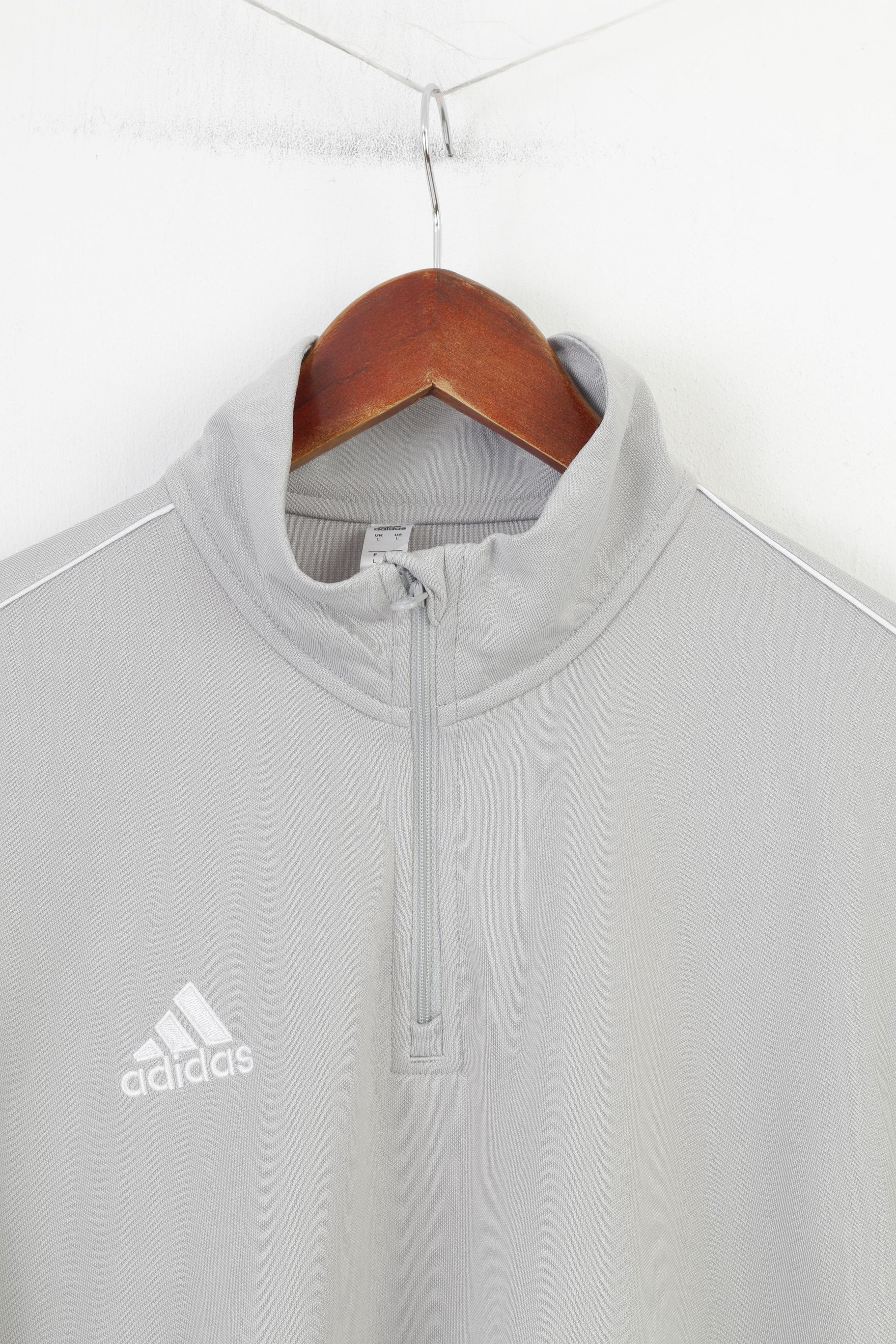 Adidas Men L Sweatshirt Grey Zip Neck Polyester Vintage Collar Top - Image 2
