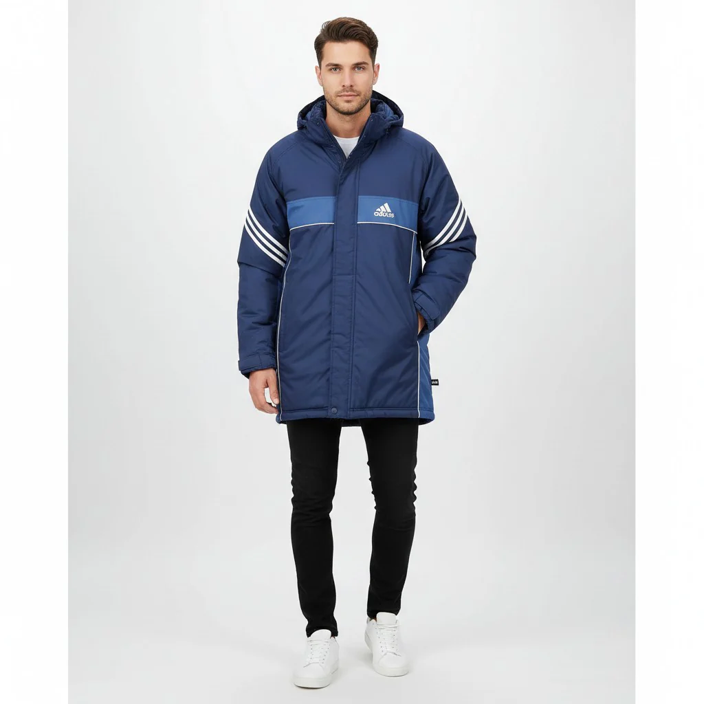 Adidas Men M 174 Jacket Blue Vintage Padded Nylon Waterproof Hidden Hood Parka
