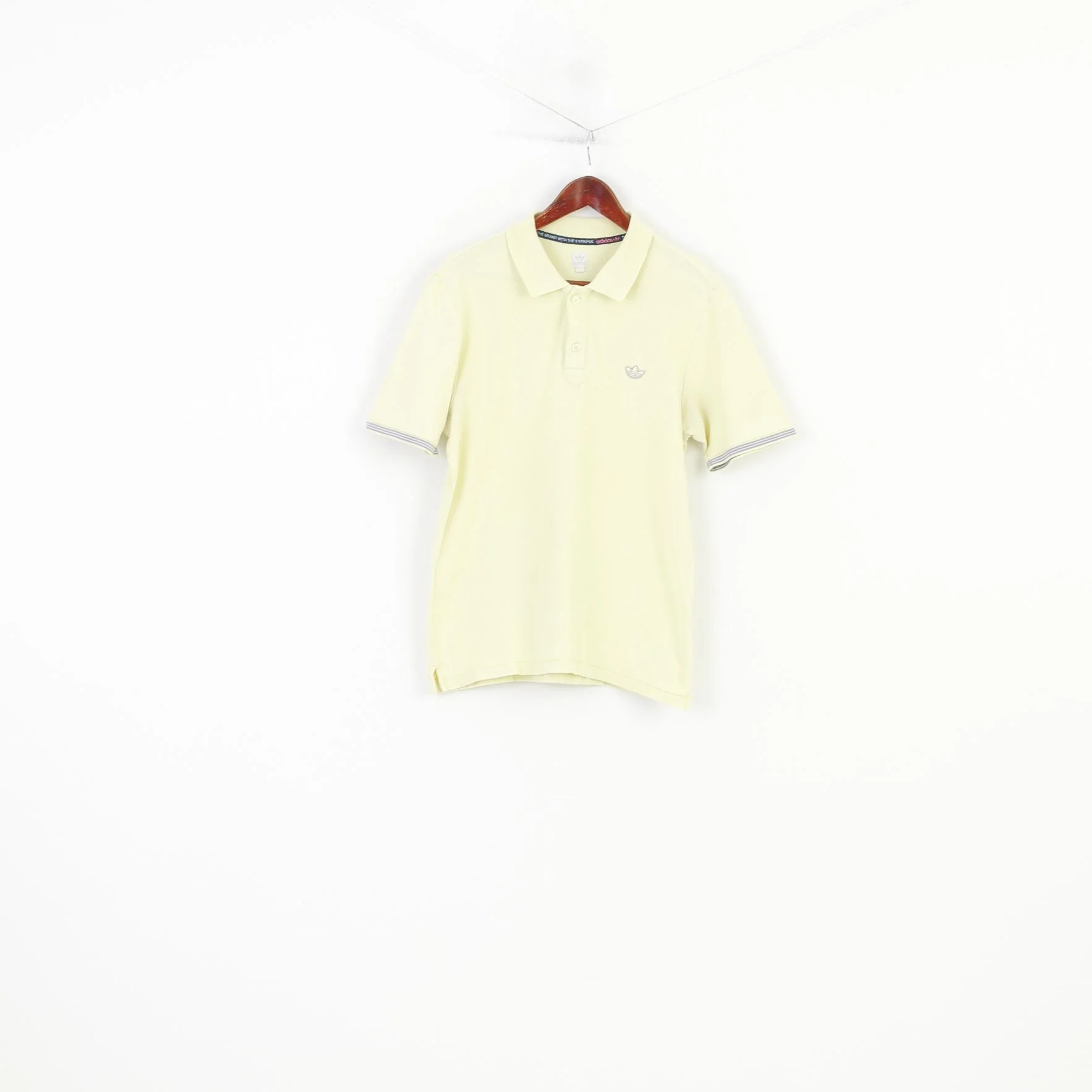 Adidas Men M Polo Shirt Yellow Buttons Detailed 3 Stripes Short Sleeve Top