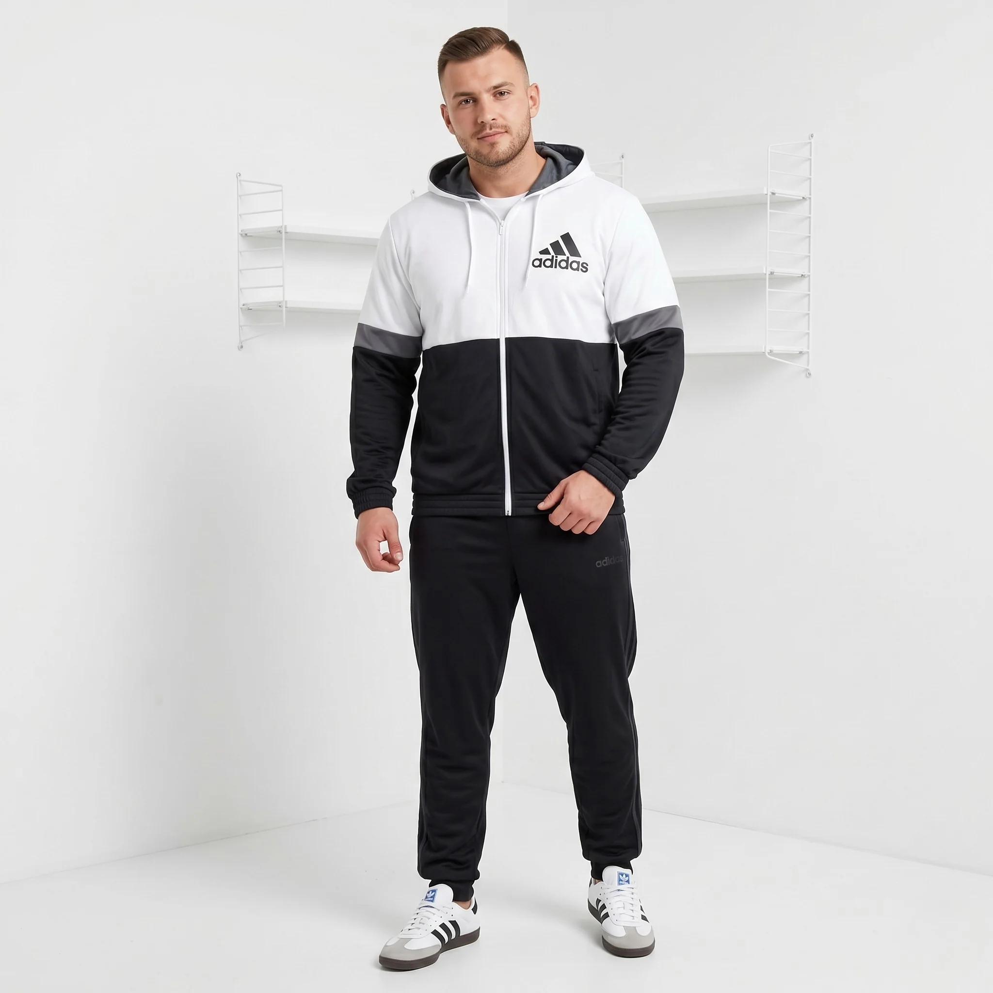 Adidas Men XL Sweatshirt White Shiny Hooded Zip Up Activewear Track Top