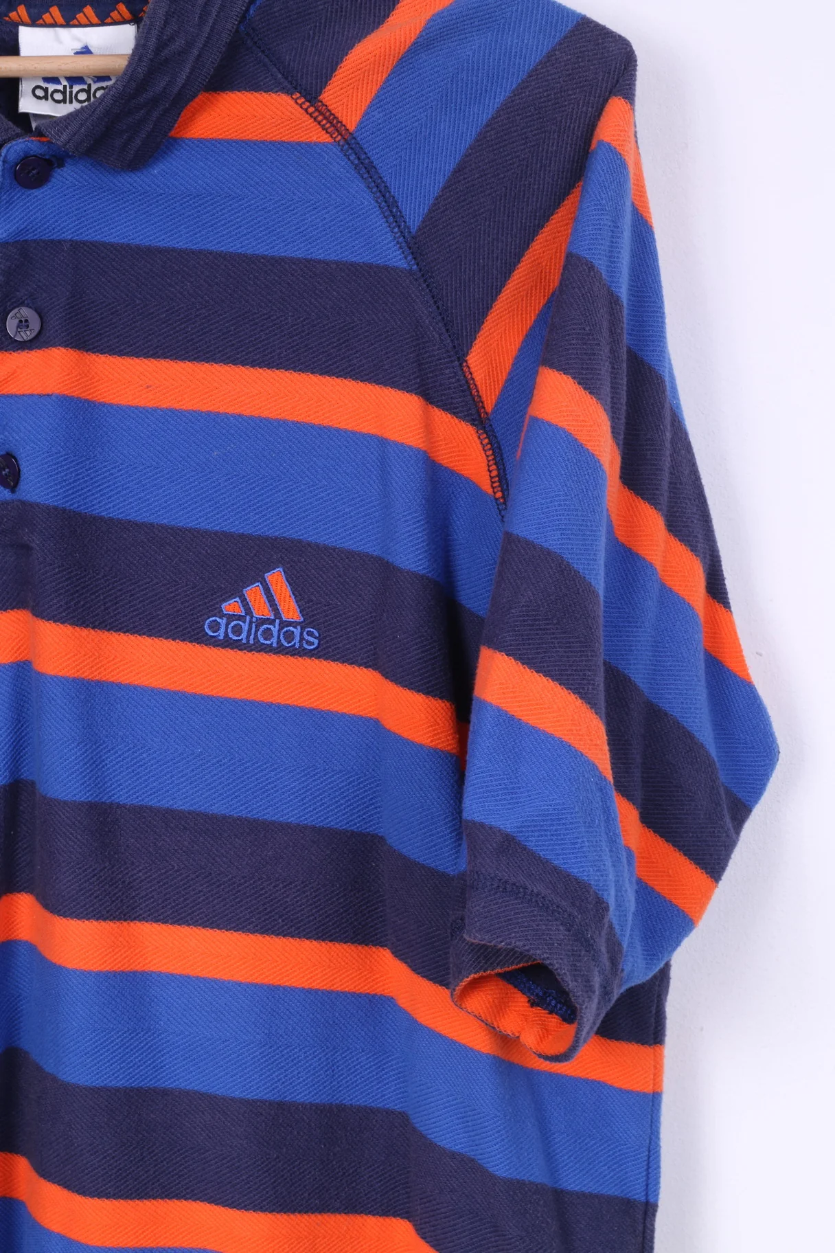 Adidas Mens L Polo Shirt Navy Blue Striped Cotton Short Sleeve Summer Vintage - Image 3