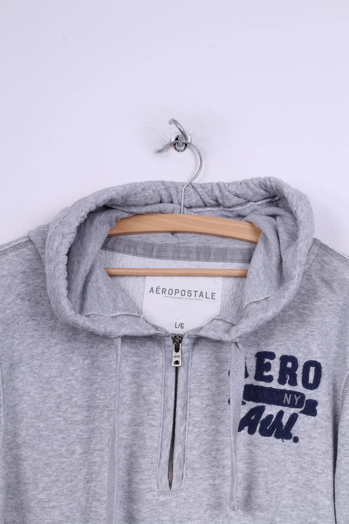 Aeropostale Mens L Jumper Sweatshirt Hooded Zip Neck Cotton Sportswear Grey - Image 2