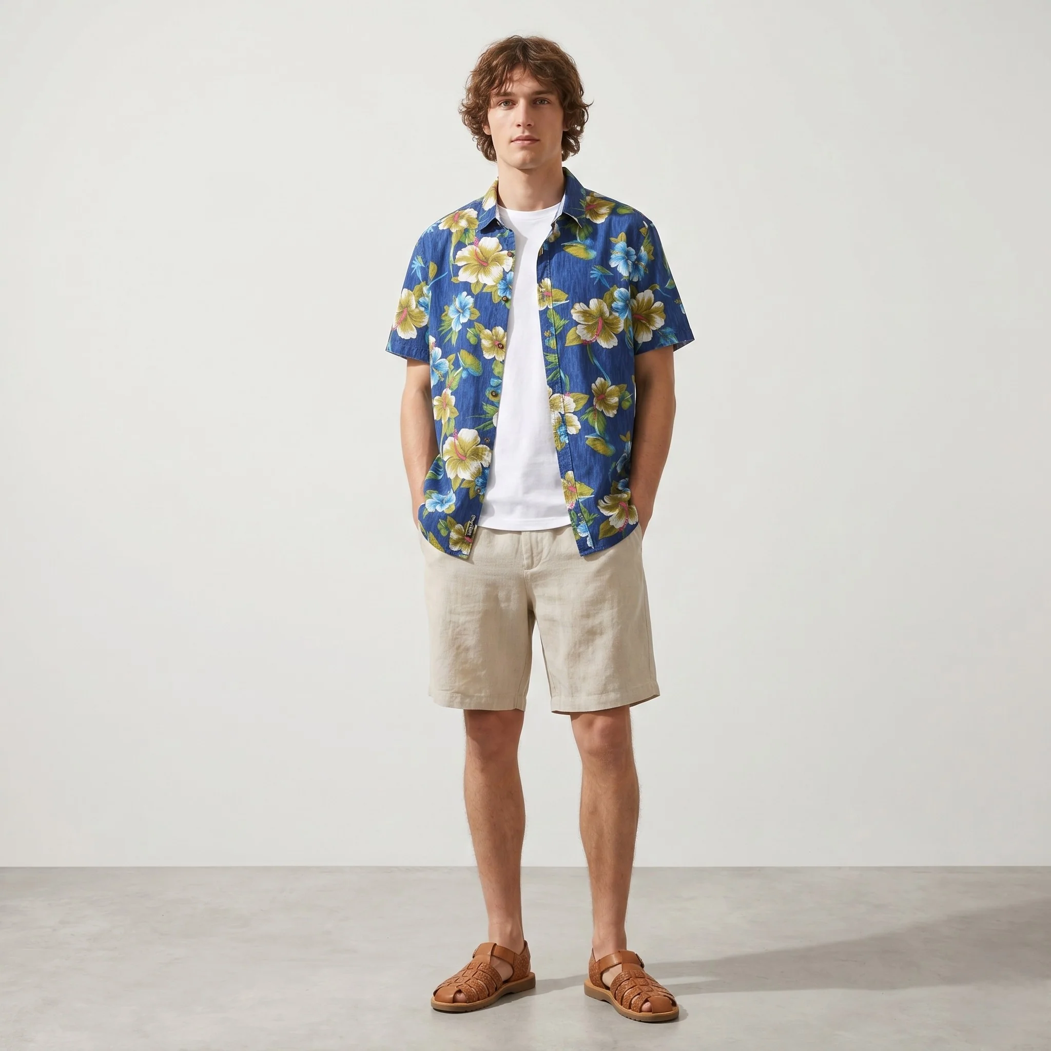 Alcott & Co Men XXL Casual Shirt Blue Linen Cotton Aloha Hawaii Floral Short Sleeve Top