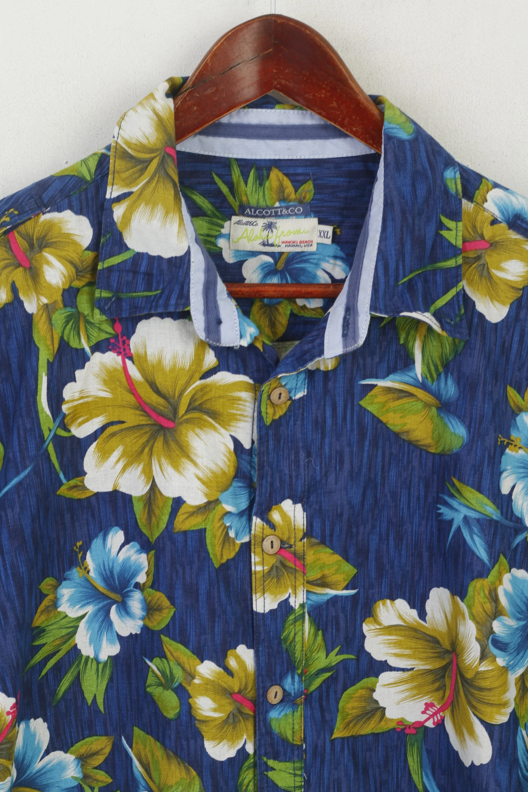 Alcott & Co Men XXL Casual Shirt Blue Linen Cotton Aloha Hawaii Floral Short Sleeve Top - Image 3