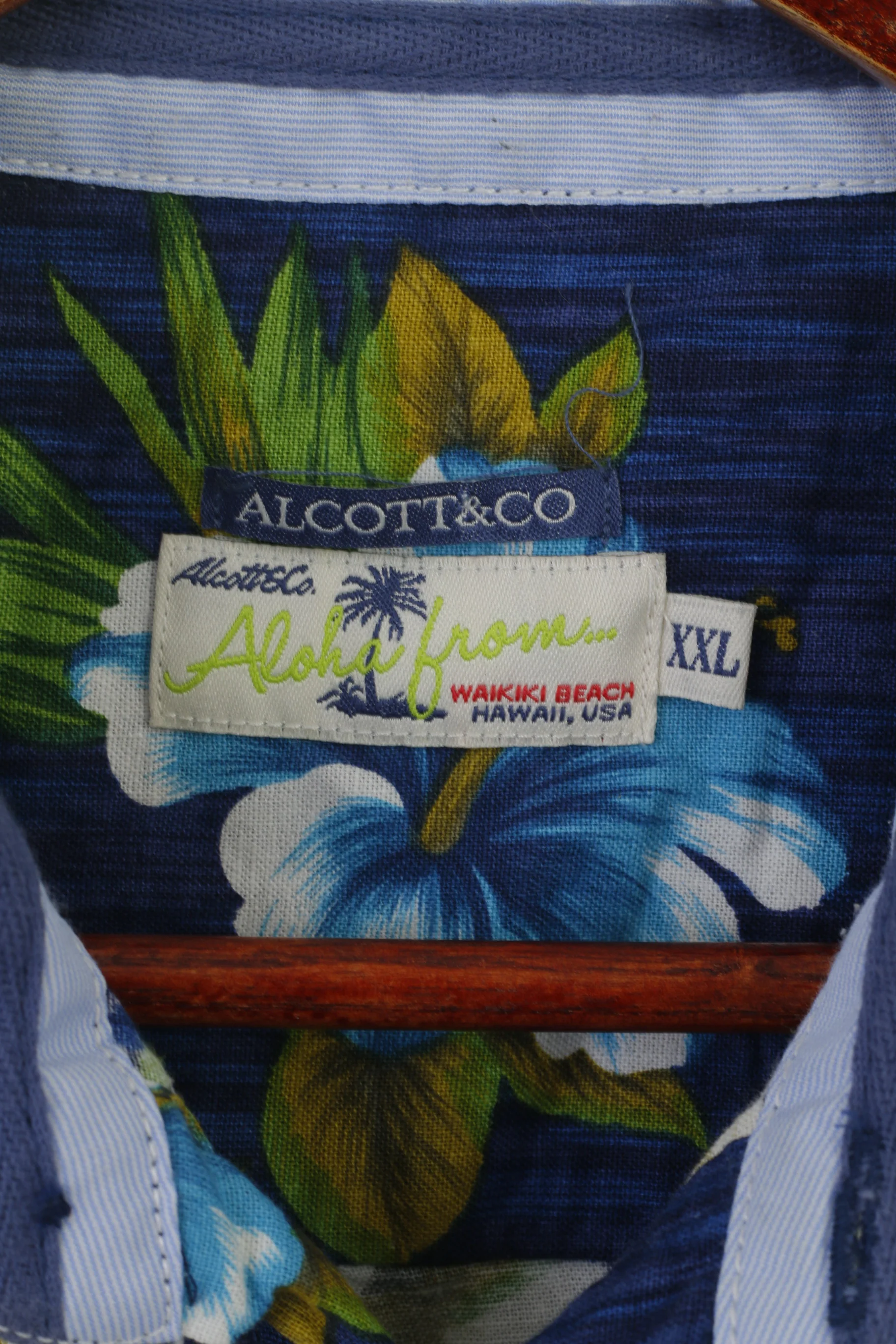 Alcott & Co Men XXL Casual Shirt Blue Linen Cotton Aloha Hawaii Floral Short Sleeve Top - Image 4