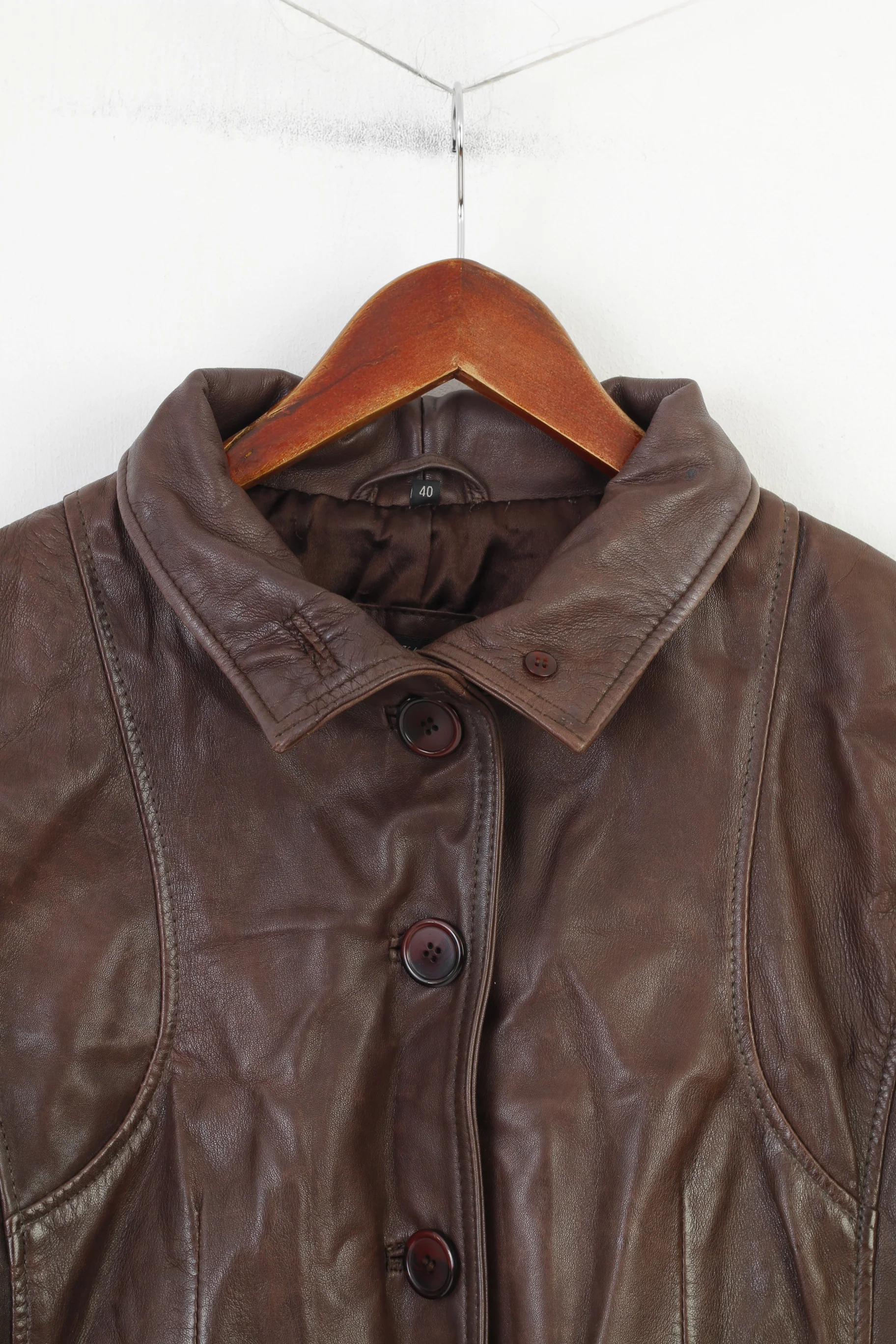 Aleksander Of Norway Women 40 M Coat Jacket Dark Brown Leather Single Breasted Vintage Collar Top - Image 2