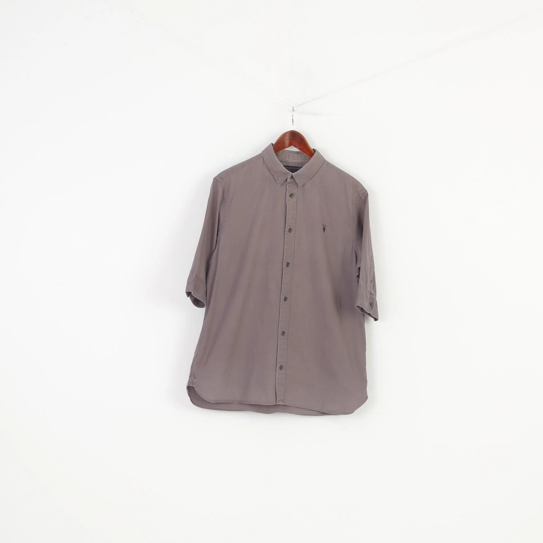 Allsaints Men L Casual Shirt Collar Grey Medium Sleeve Buttons Cotton Elegant Top