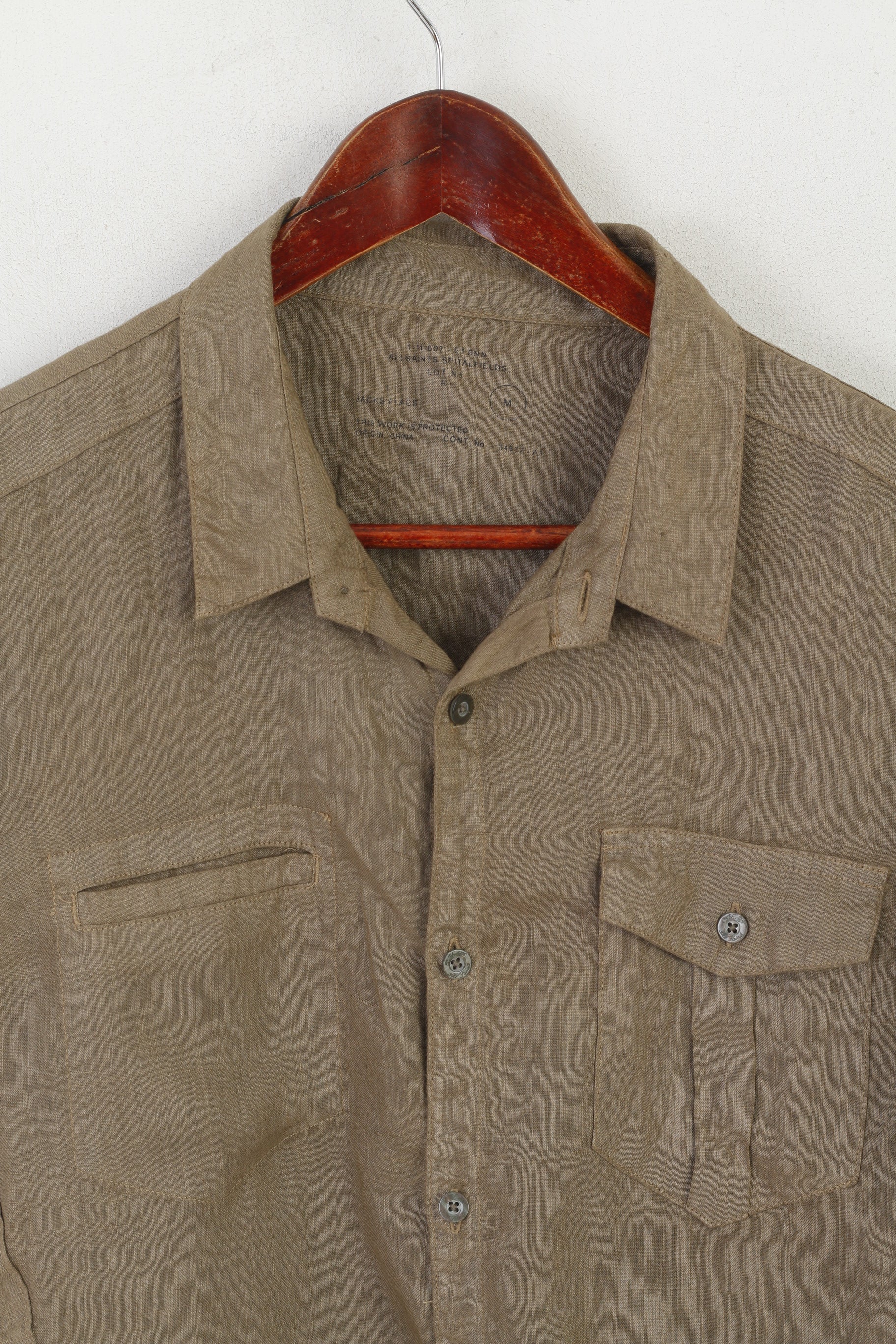Allsaints Men M (S) Casual Shirt Khaki 100% Linen Spector Summer Top - Image 2