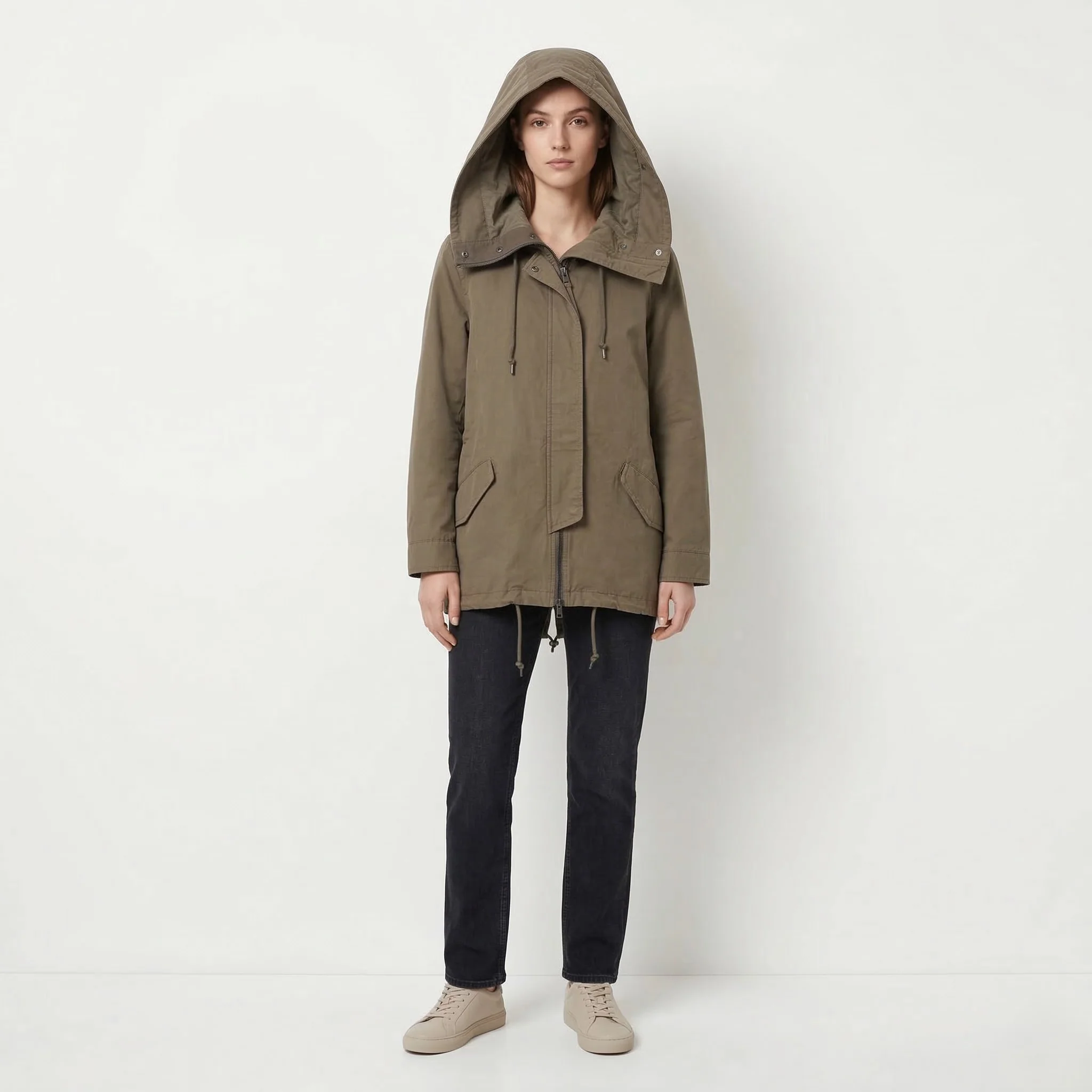 AllSaints Women 10 38 M Jacket Khaki Cotton Arton Full Zip Hooded High Collar Top