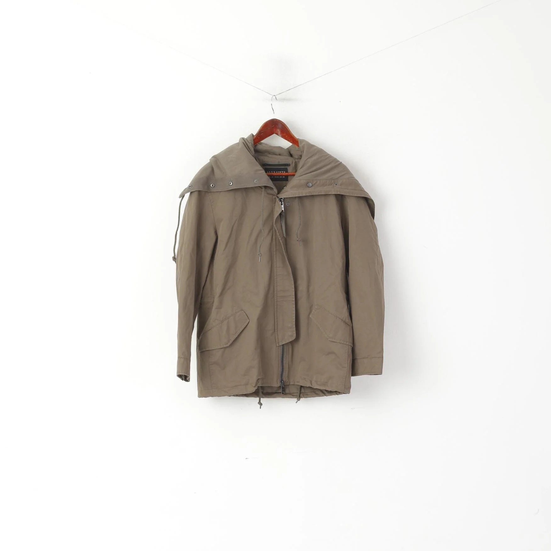 AllSaints Women 10 38 M Jacket Khaki Cotton Arton Full Zip Hooded High Collar Top - Image 2