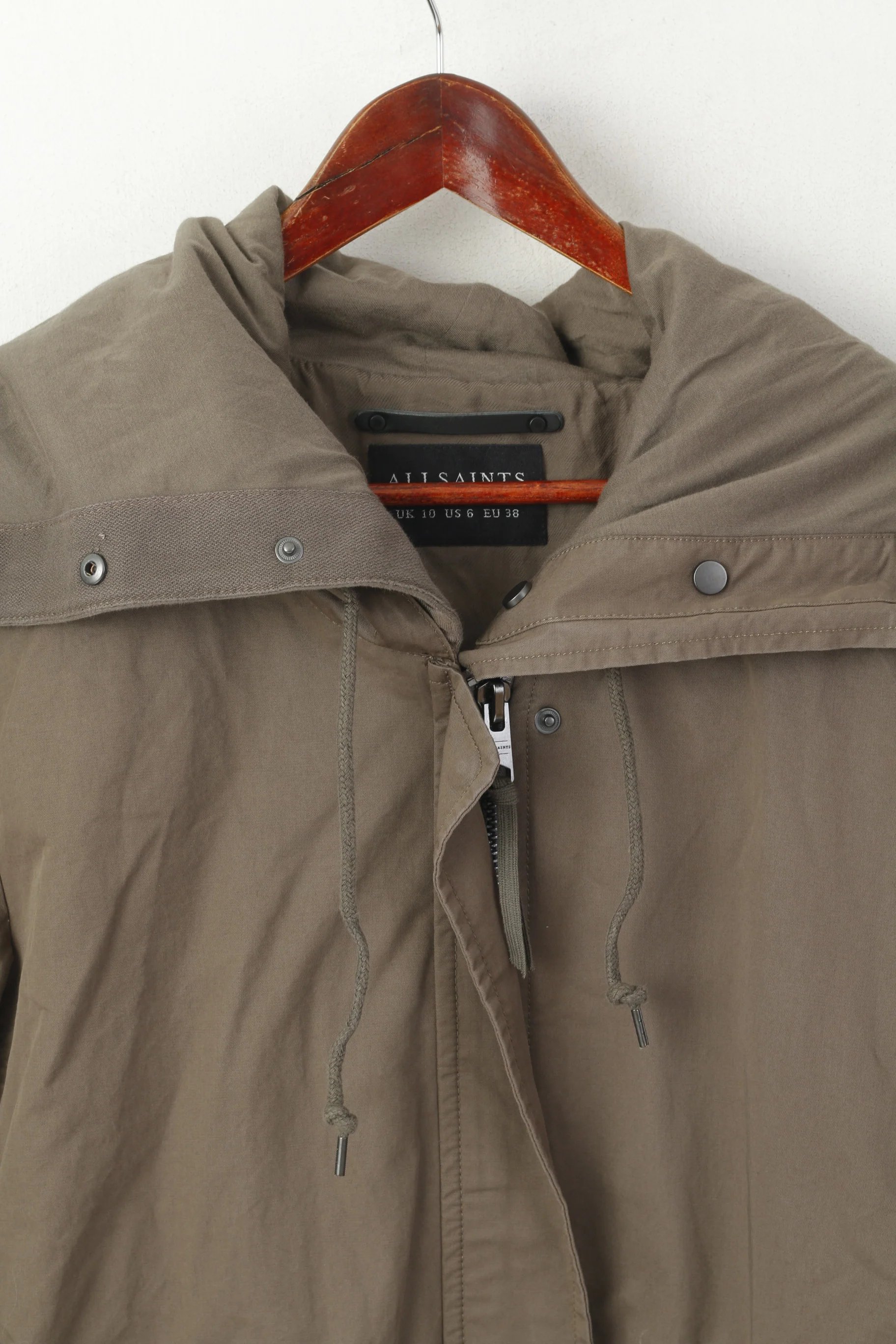 AllSaints Women 10 38 M Jacket Khaki Cotton Arton Full Zip Hooded High Collar Top - Image 3