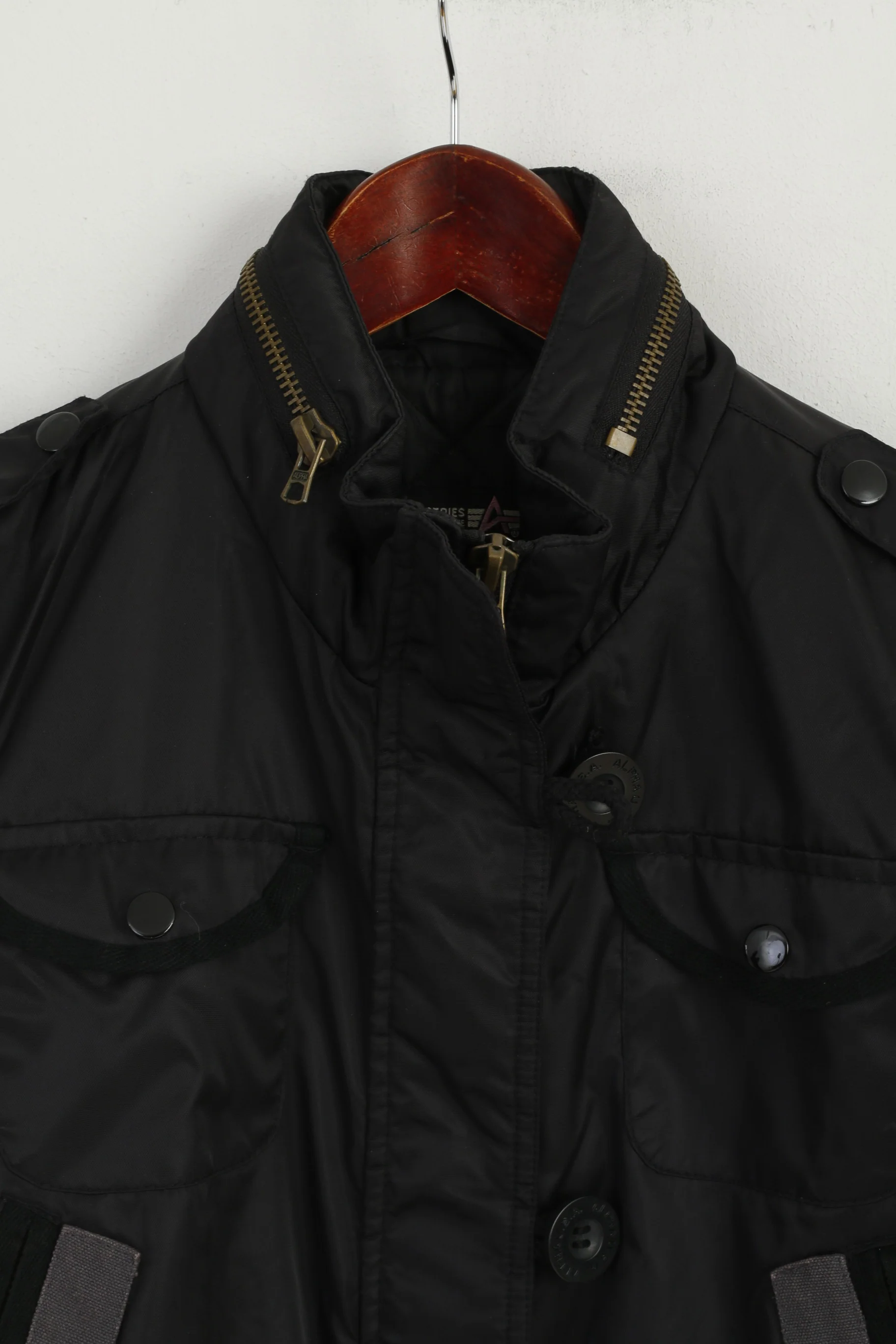 Alpha Industries Women M Jacket Black Biker Nylon Waterproof Padded Hidden Hood Top - Image 3