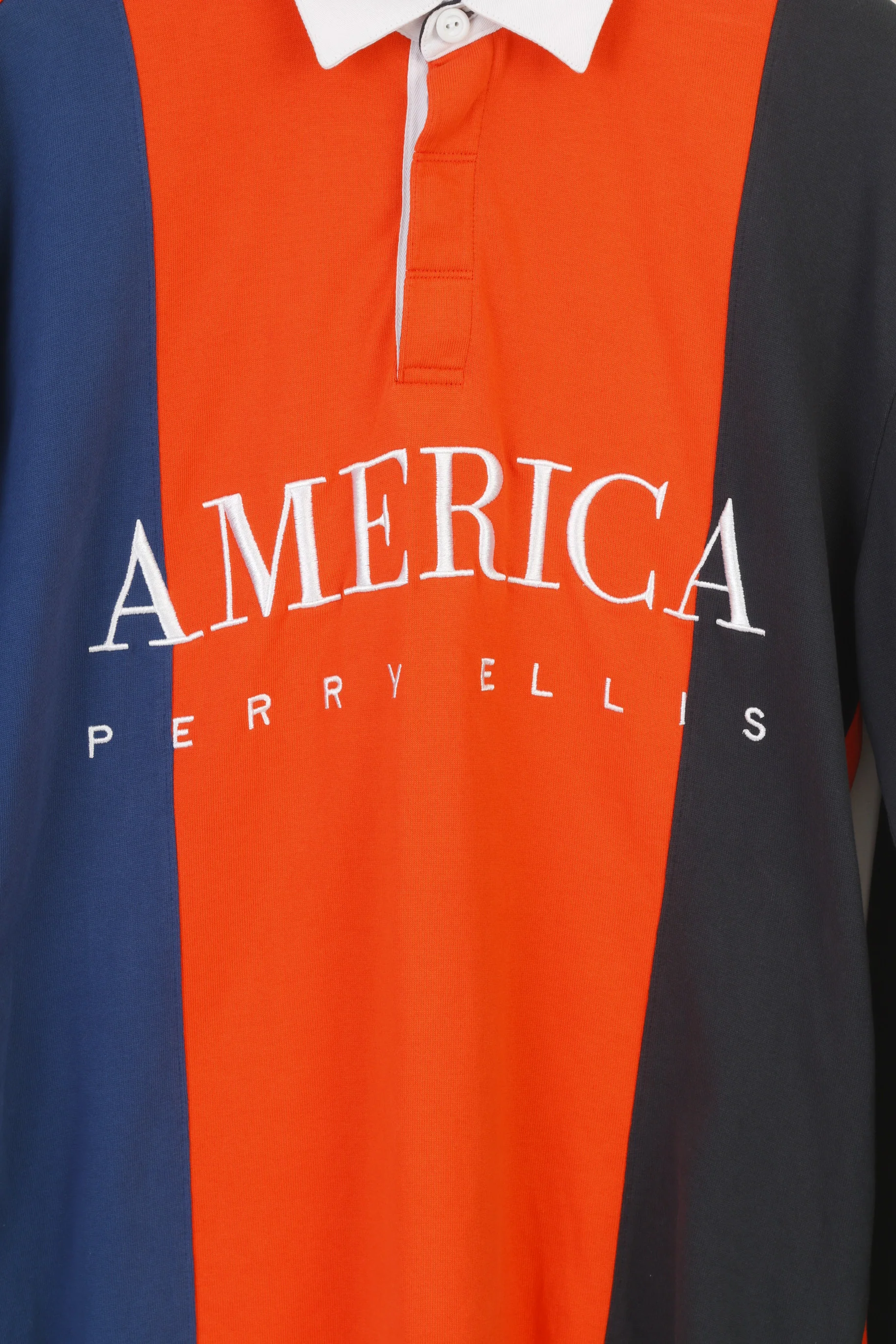 America Perry Ellis Men M Polo Shirt Long Sleeve Collar Orange Striped Cotton Vintage Top - Image 4