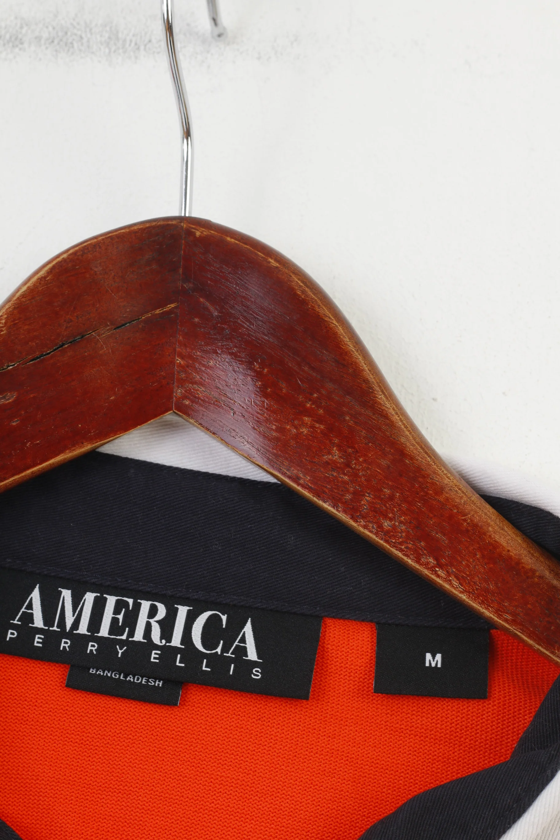 America Perry Ellis Men M Polo Shirt Long Sleeve Collar Orange Striped Cotton Vintage Top - Image 5