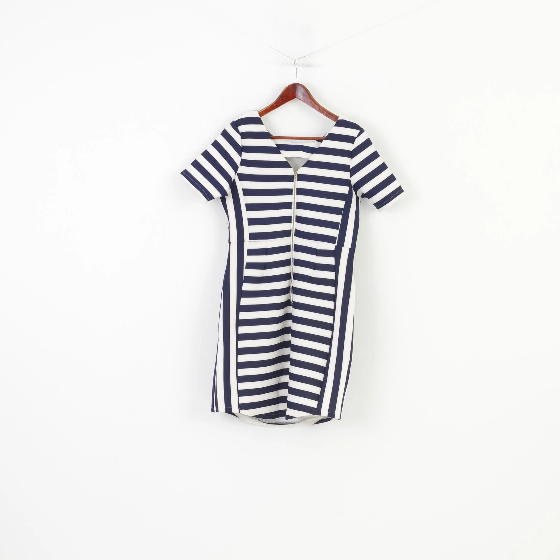 Angel Paris Women 14 L Mini Dress Marine Striped Petit Short Sleeve Crew Neck Zipper - Image 7