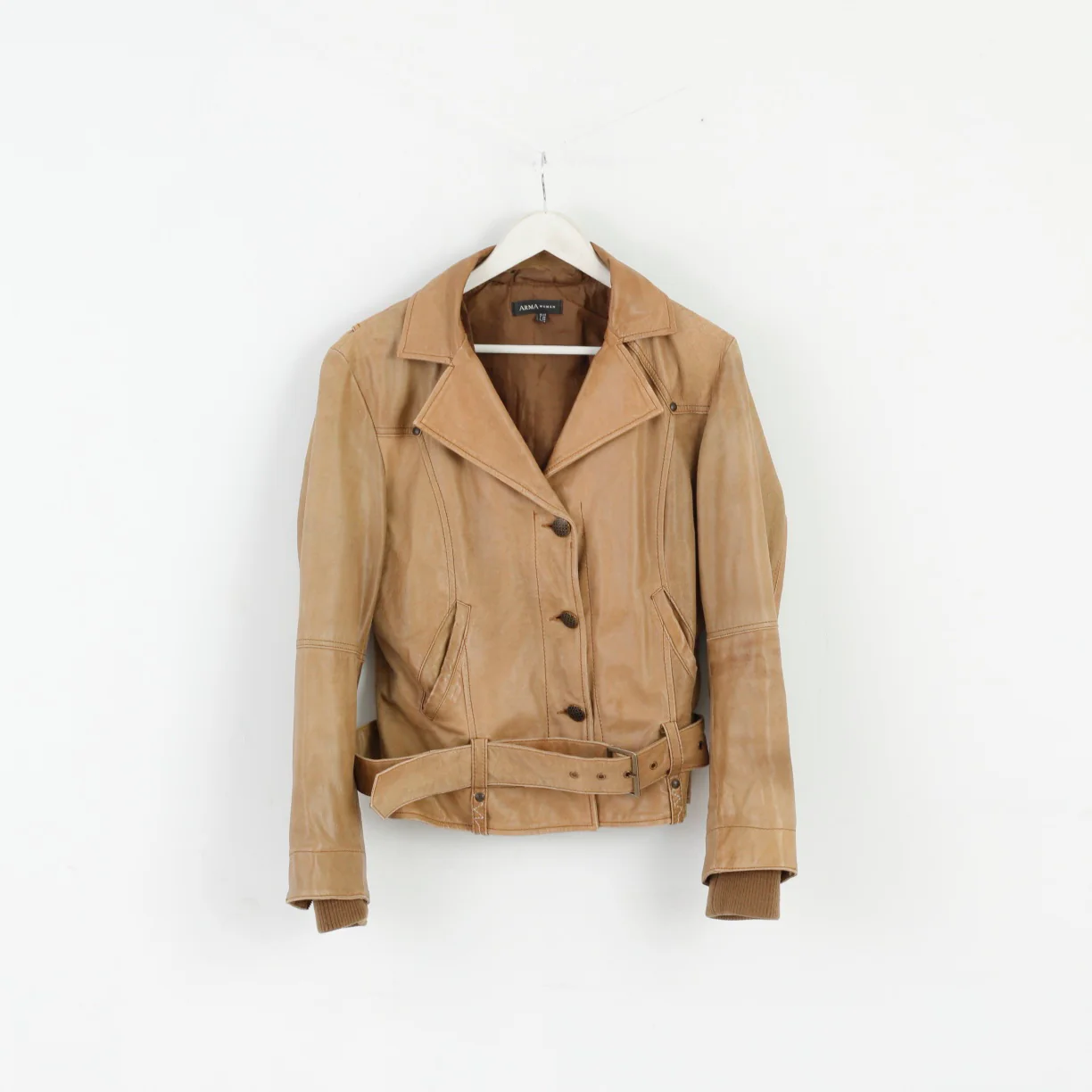 ARMA Women 18 44 Jacket Brown Latte 100% Leather Biker Belted Buttoned
