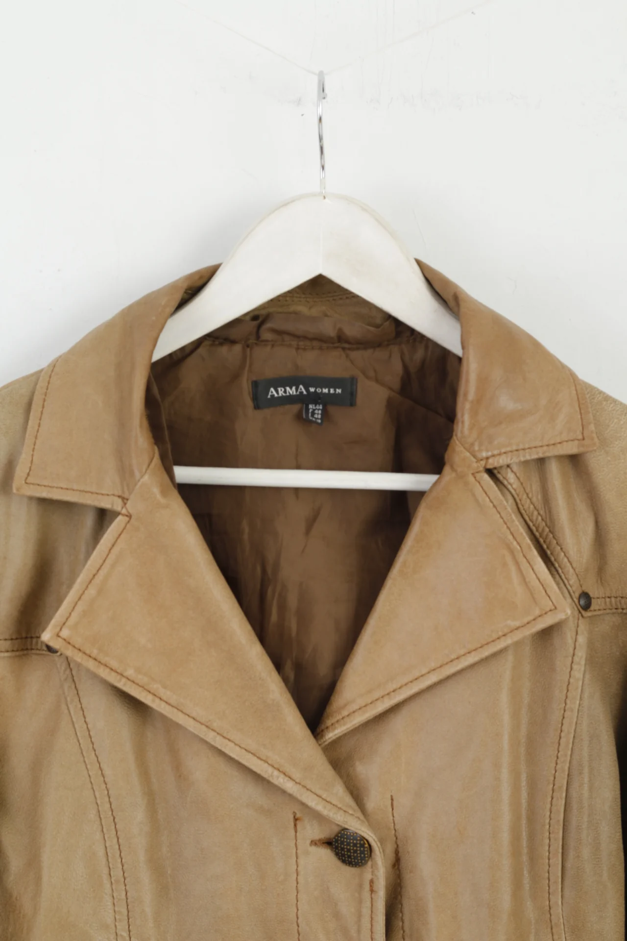 ARMA Women 18 44 Jacket Brown Latte 100% Leather Biker Belted Buttoned - Image 2