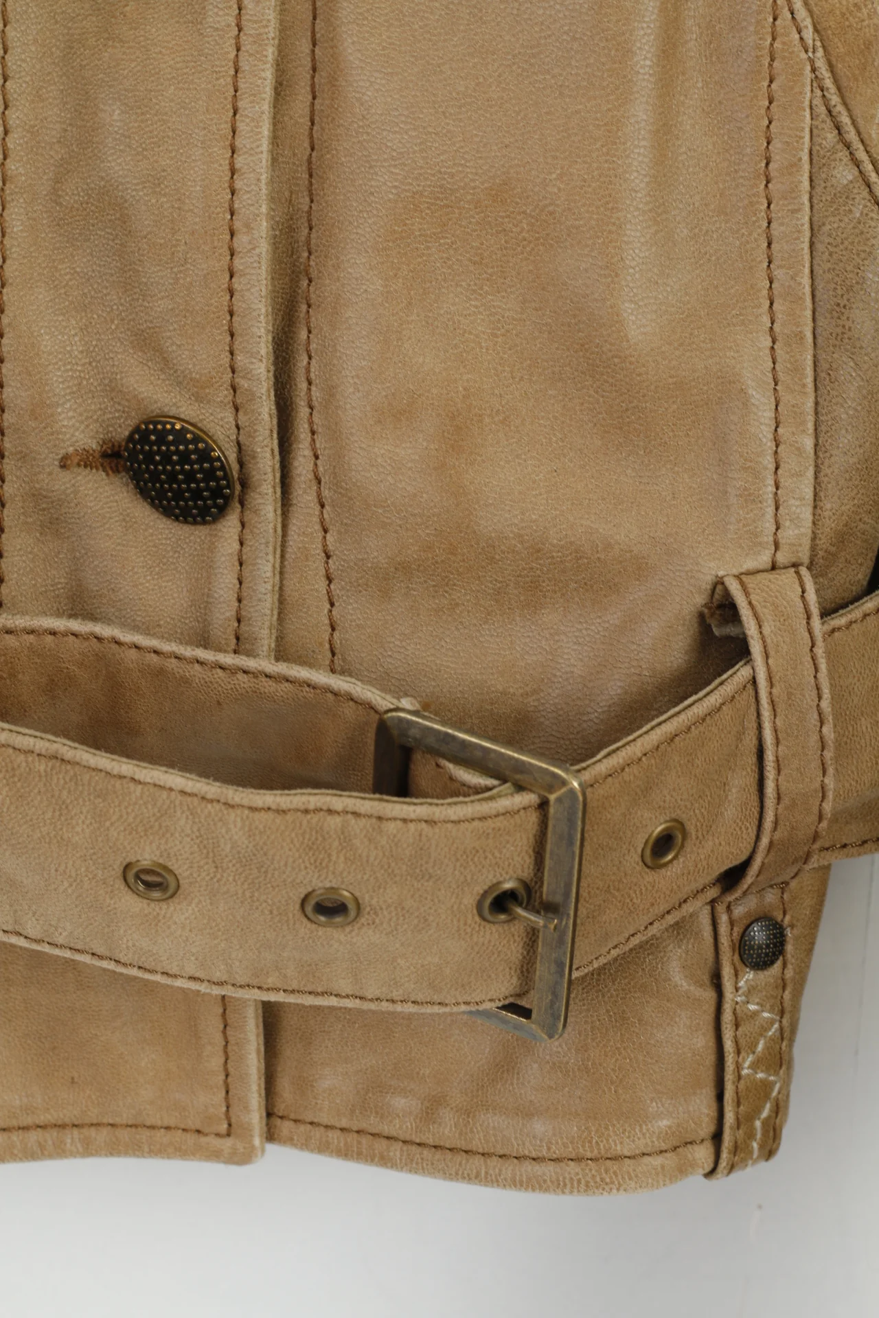 ARMA Women 18 44 Jacket Brown Latte 100% Leather Biker Belted Buttoned - Image 4