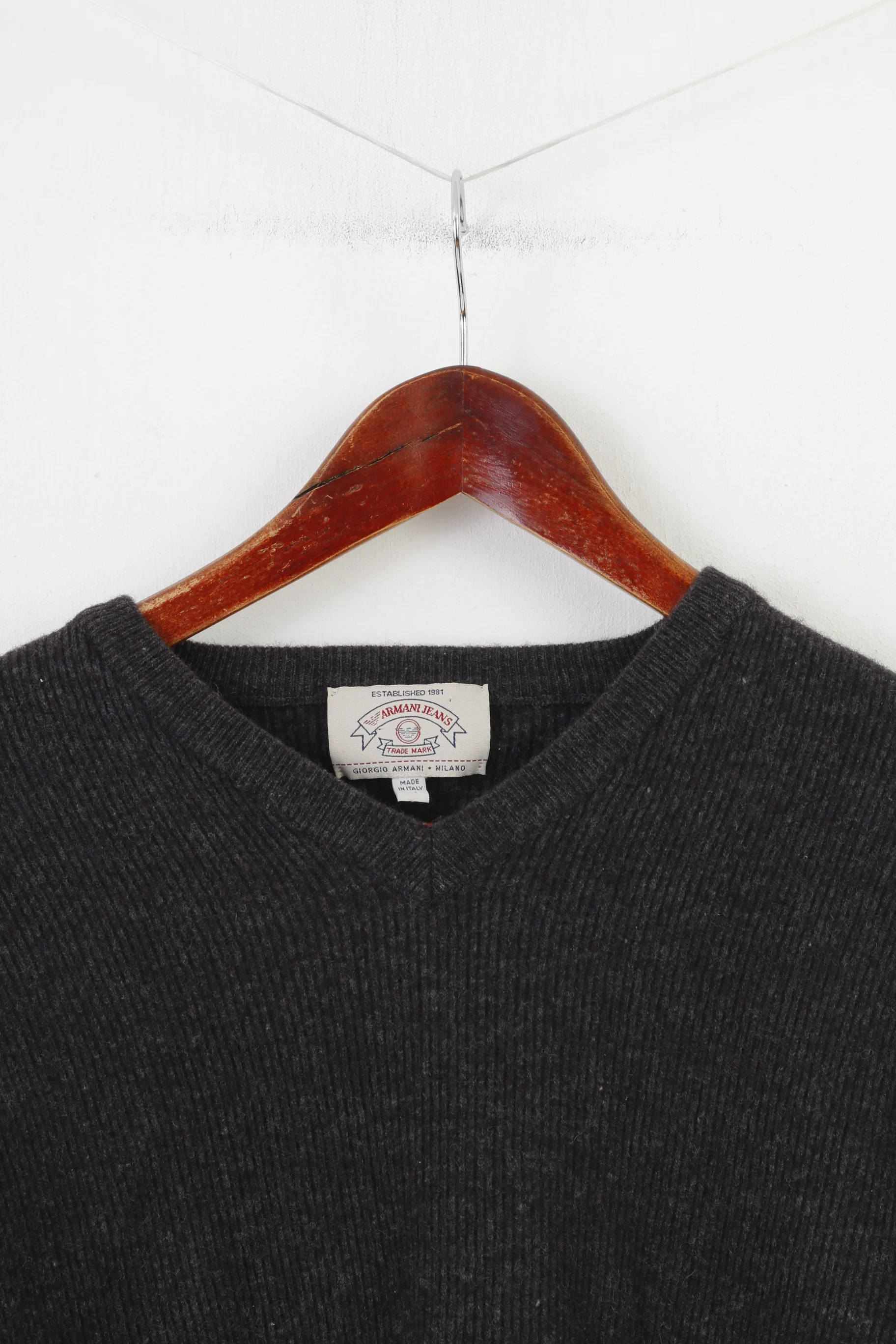 Armani Jeans Men S Jumper Charcoal Made in Italy 1981 V Neck Winter Top - Image 2