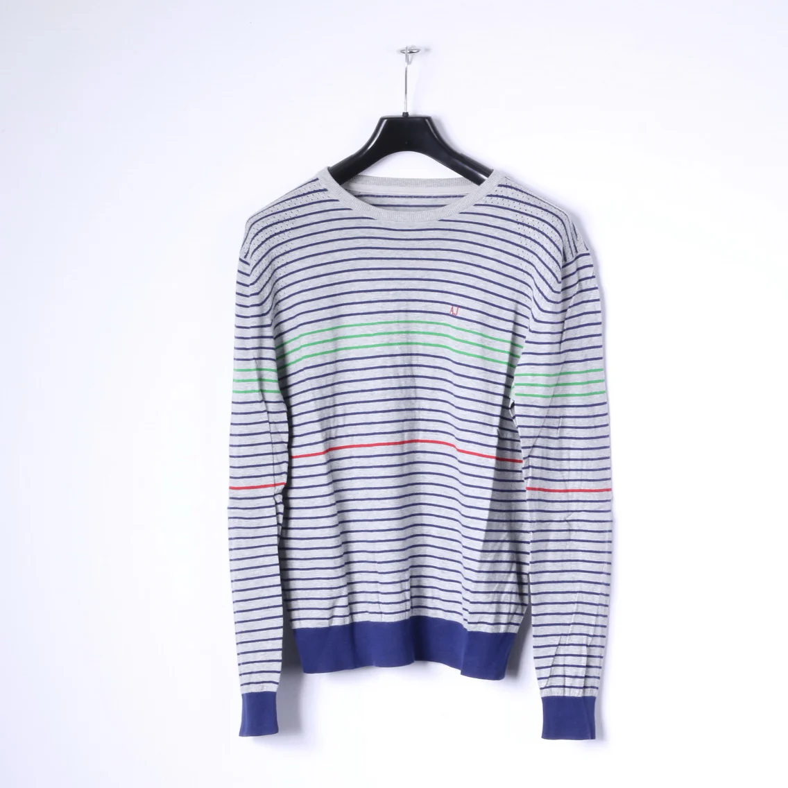 Armani Jeans Men XL Jumper Grey Cotton Striped Crew Neck Light Sweater - Image 2