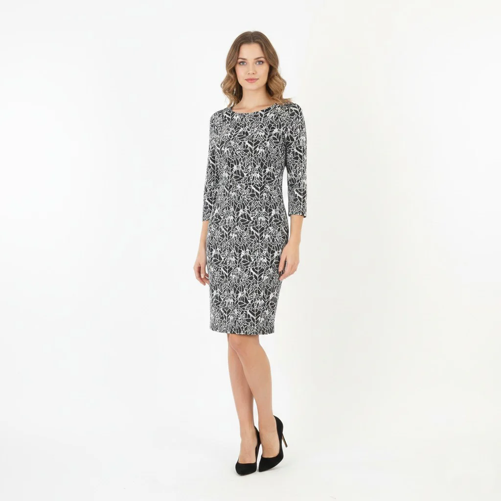 Armani Jeans Woman 42 M Dress Black Flower Print Long Sleeve Back Zipper Crew Neck Cotton