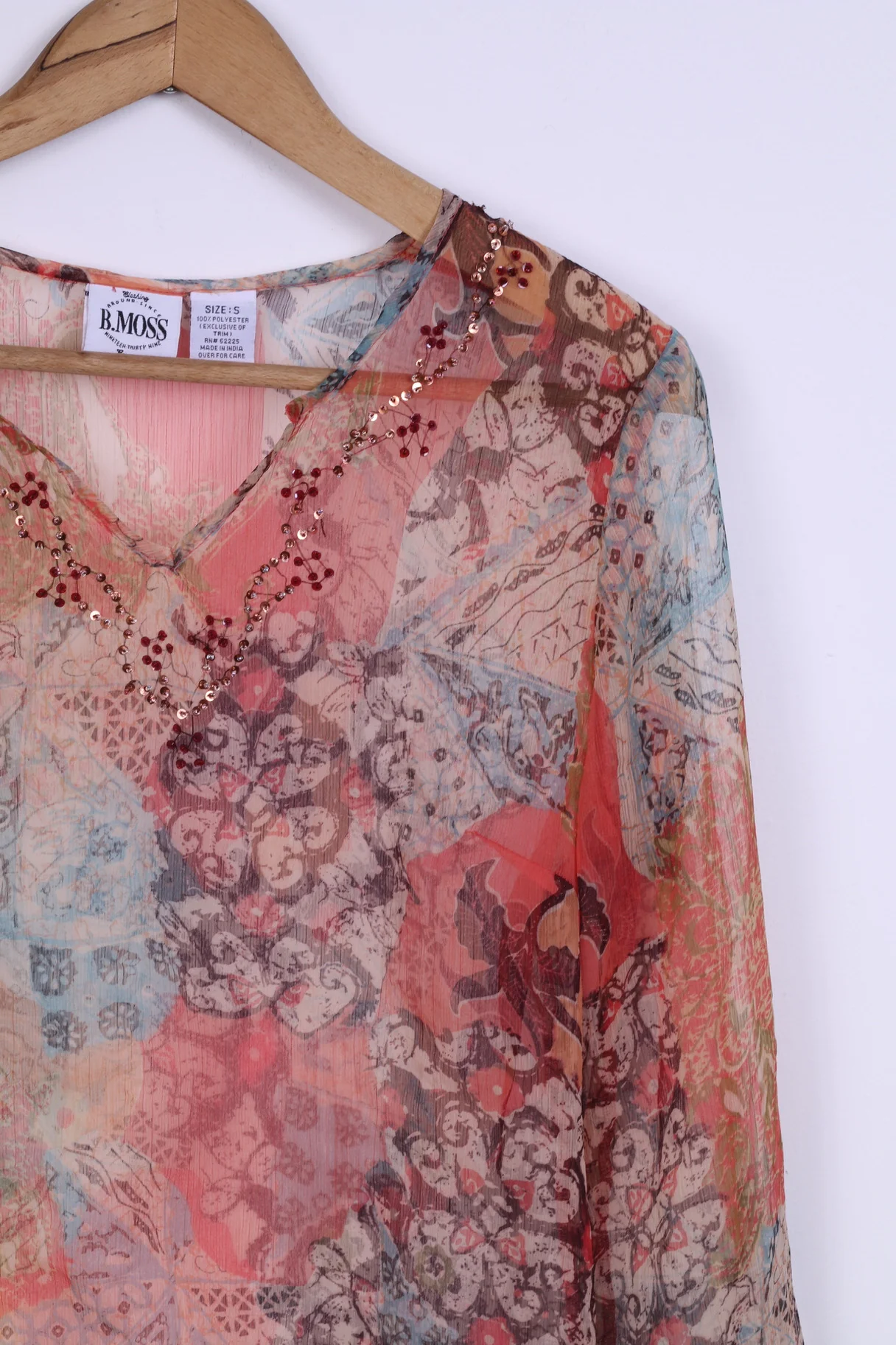 B.MOSS Womens S Shirt Long Sleeve C-thru Transparent Boho Vintage - Image 2