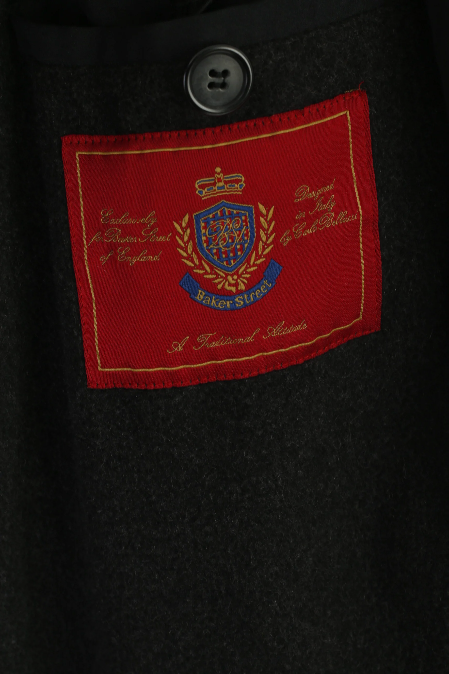 Baker Street Men 42 L Long Coat Black Design in Italy by Carlo Bellucci Lined Vintage Top - Image 4