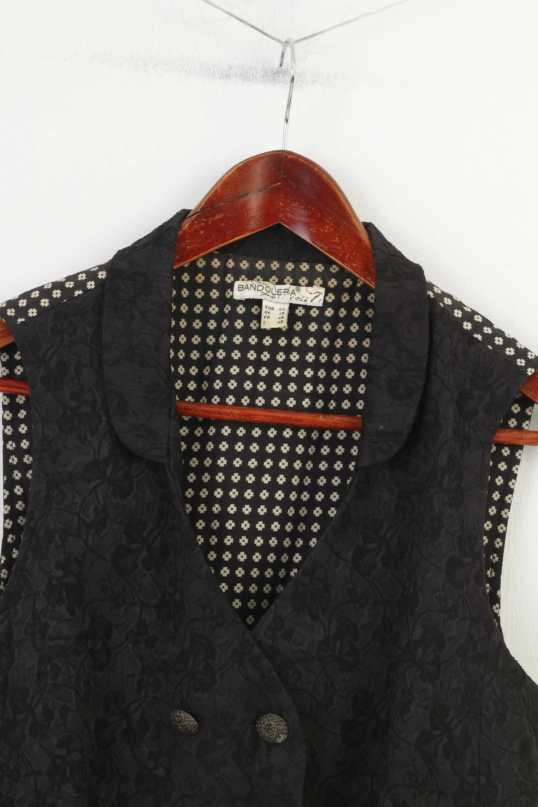 Bandolera Women 44 XL Vest Double Breasted Cotton Flower Print Black Sleevelees Embroidery Vintage Top - Image 2