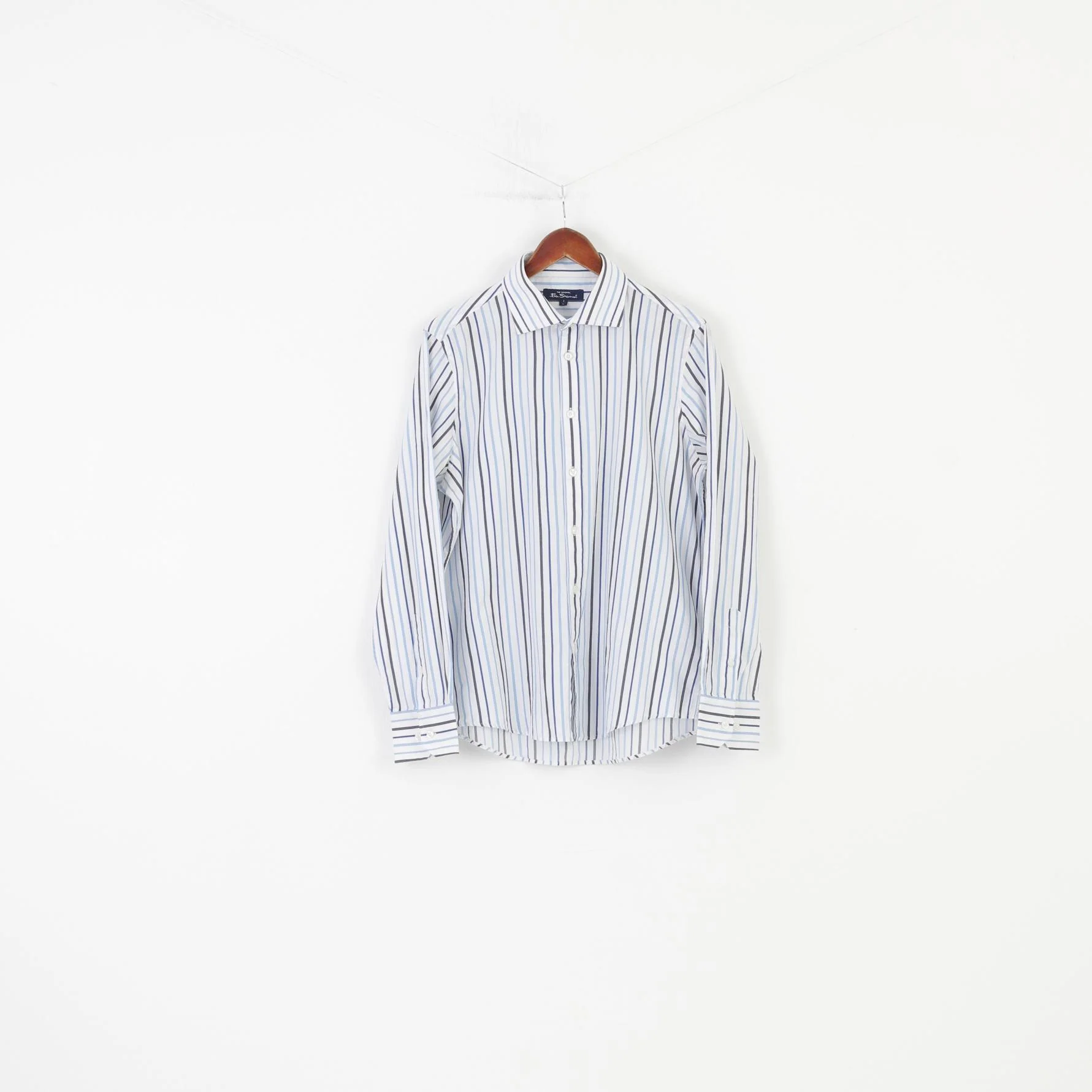 Ben Sherman Men L Casual Shirt White Blue Striped Collar Long Sleeve Elegant The Original Cotton Top