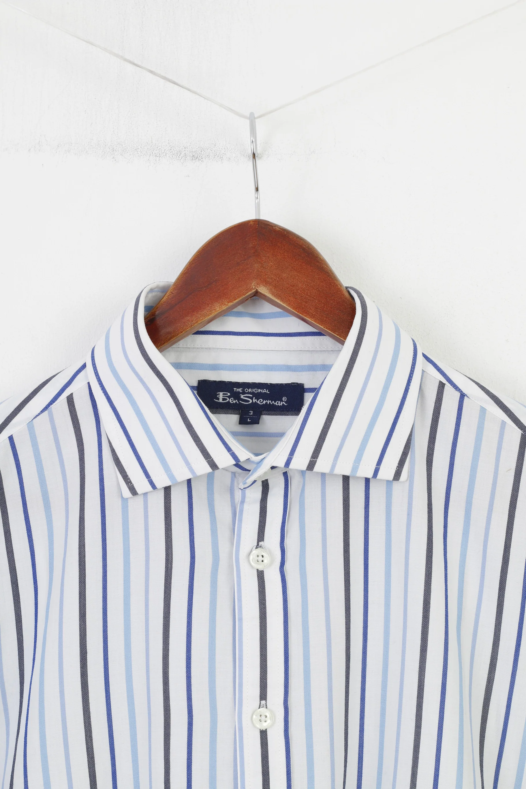 Ben Sherman Men L Casual Shirt White Blue Striped Collar Long Sleeve Elegant The Original Cotton Top - Image 2