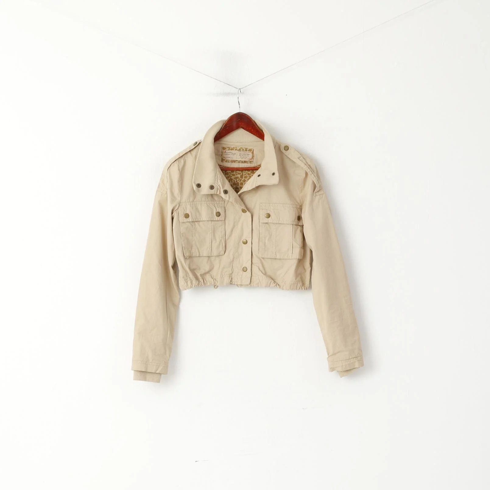 Bershka Women M (S) Jacket Beige Cropped Cotton Snap Pockets Sport Top - Image 2