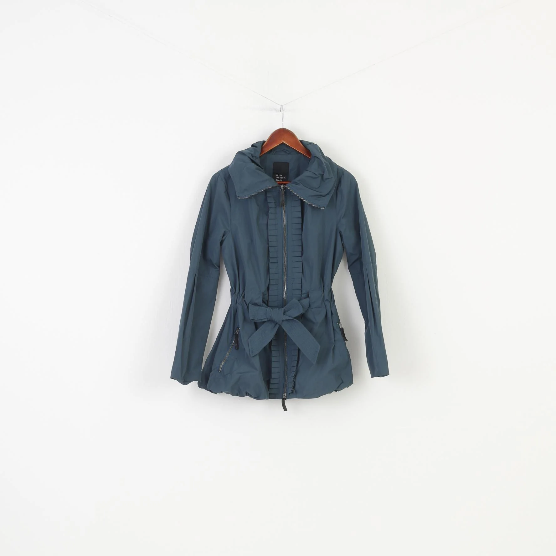 Betty Jackson Black Woman 12 (M) Jacket Green Belt Full Zipper Collar Waist Frills Vintage Top - Image 2