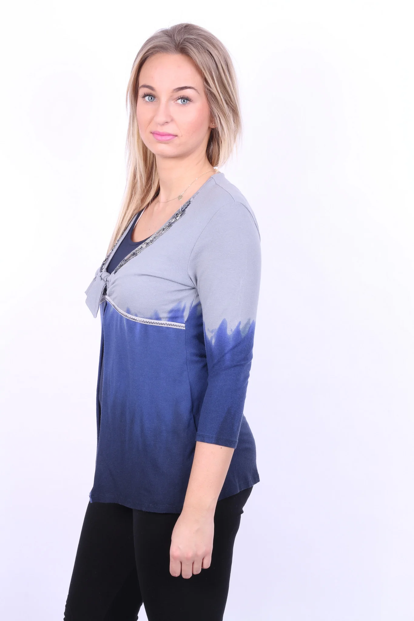 Biba Womens M Blouse Shirt 3/4 Sleeve Beads Grey Navy Blue - Image 5
