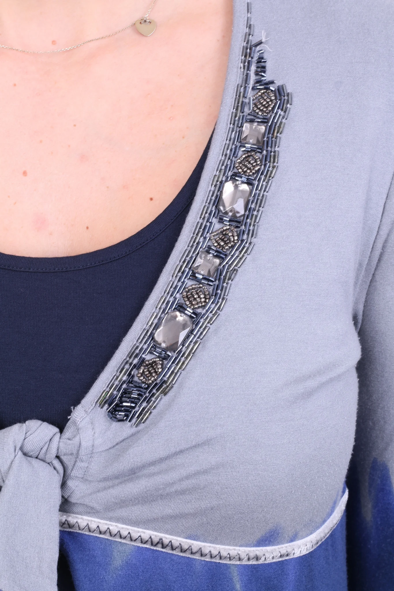 Biba Womens M Blouse Shirt 3/4 Sleeve Beads Grey Navy Blue - Image 6