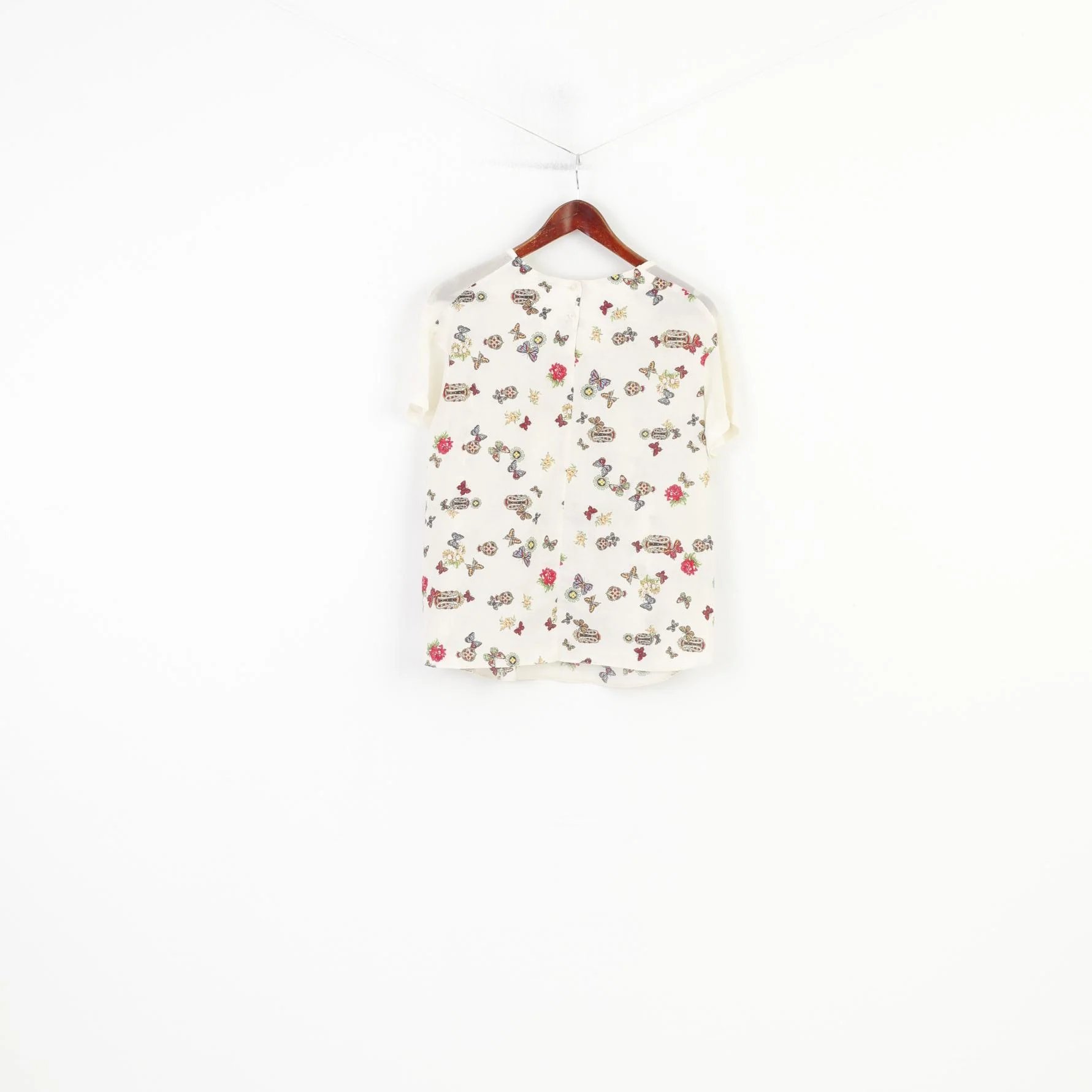Blue Chameleon Women 16 L Blouse Beige Flower Butterfly Print Cotton Short Sleeve Bottoms Crew Neck Top - Image 7