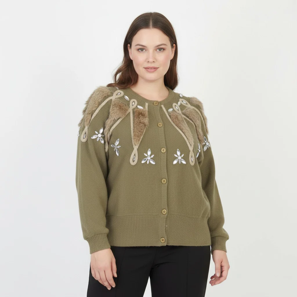 Bluhmod Women 46 L Cardigan Green Wool Angora Vintage Embellished Sweater