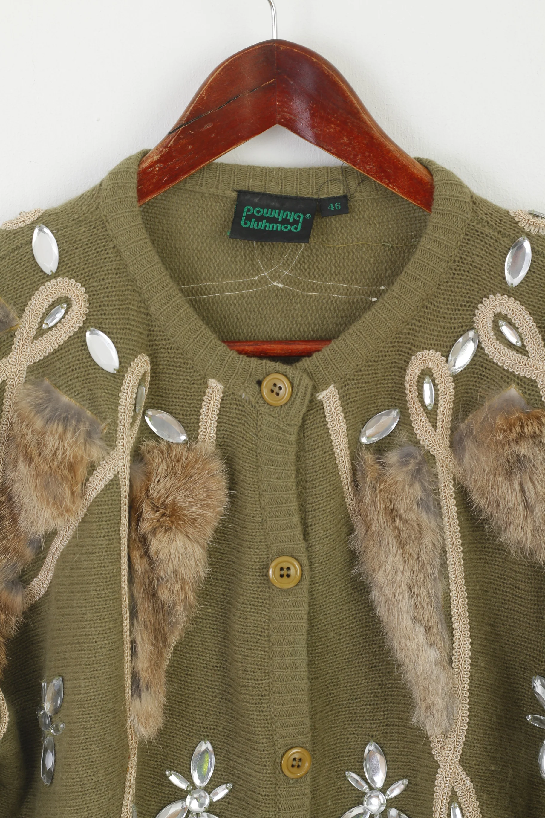 Bluhmod Women 46 L Cardigan Green Wool Angora Vintage Embellished Sweater - Image 3