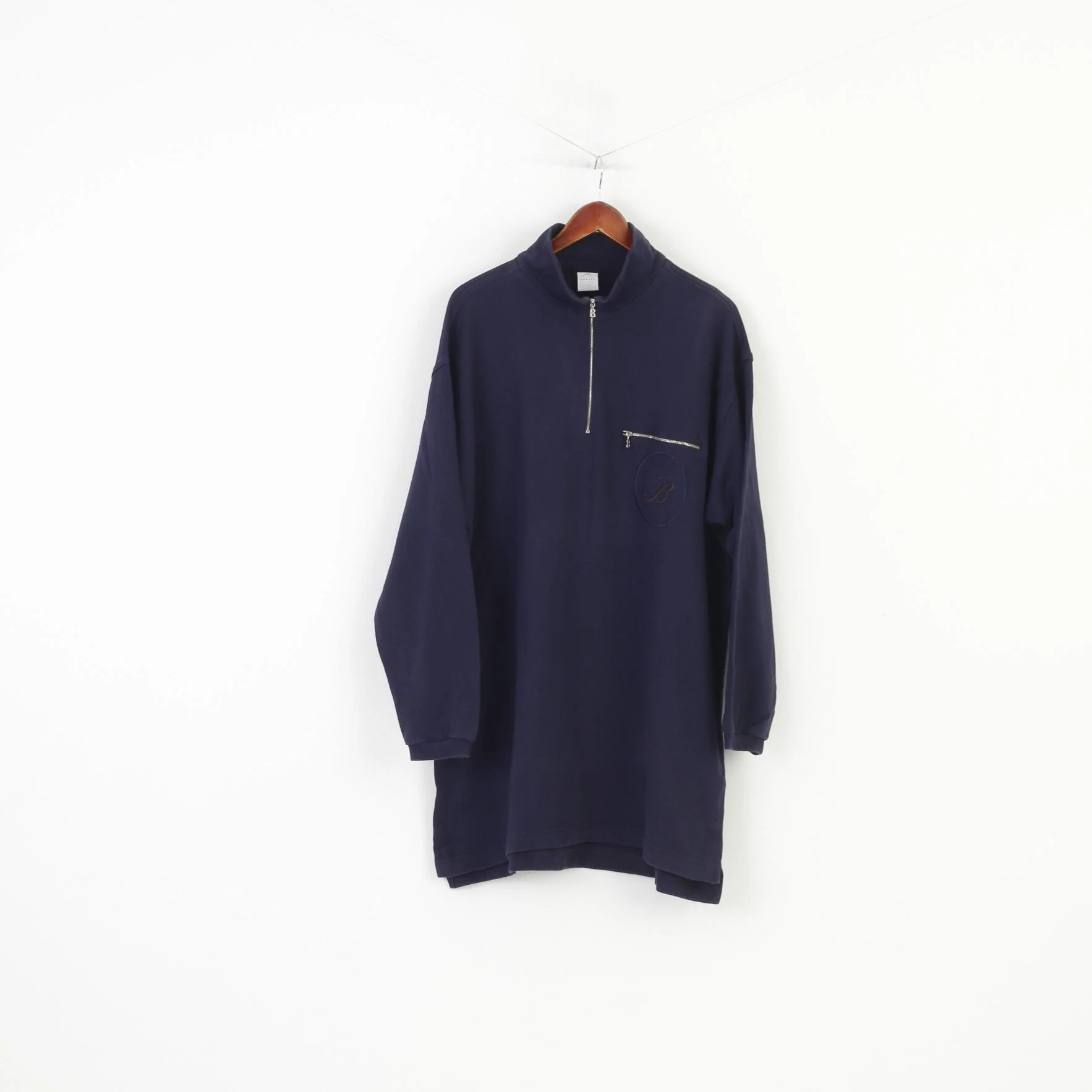 Bogner Men XXL Shirt Navy Cotton Longsleeve Zip Neck Vintage 90s Sport Pocket Top