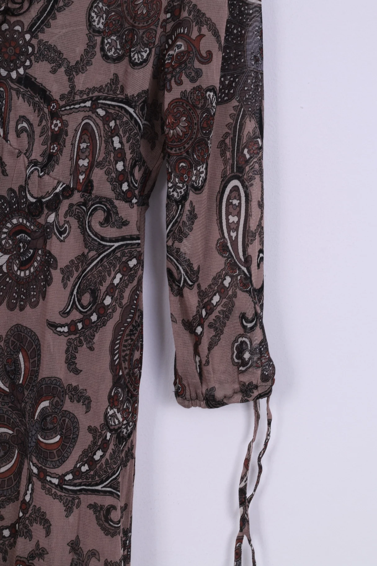Boho Womens S Dress Brown Printed Transparent V Neck Vintage - Image 2